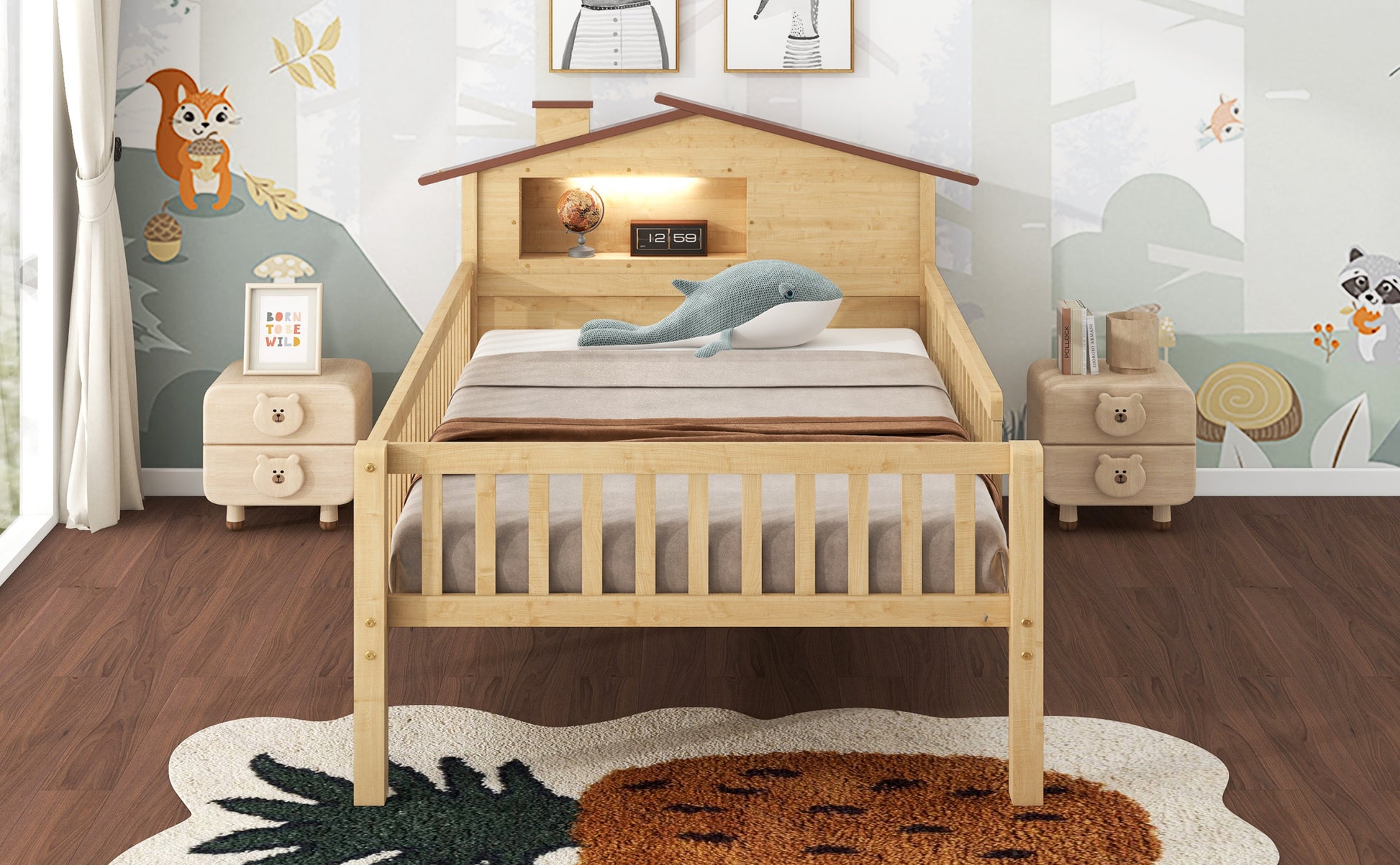 Twin Size Wood Platform Bed With House Shaped Headboard, Led And Built In Storage, Natural Box Spring Not Required Twin Natural Wood Bedroom Bed Frame Wood