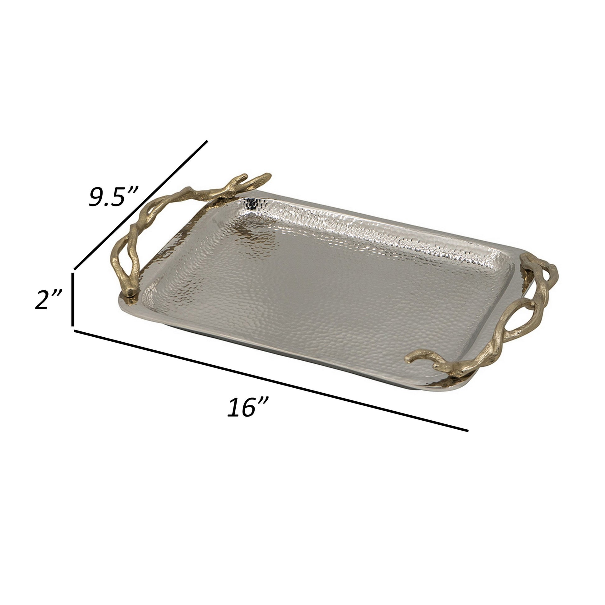 16 Inch Rectangular Decorative Tray, Branch Design Handles, Silver, Gold Silver Aluminium