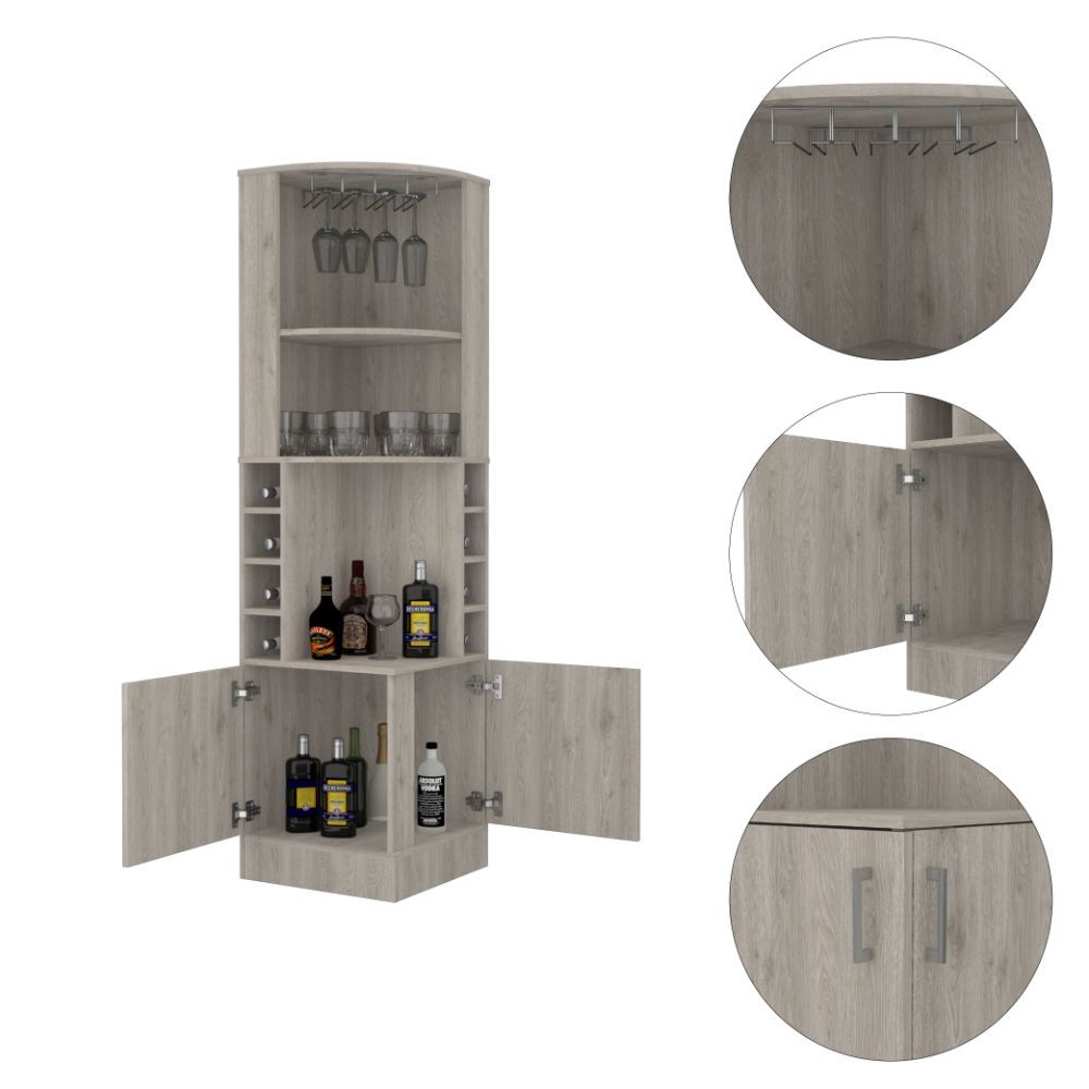 Syrah Corner Bar Cabinet, Eight Bottle Cubbies, Double Door, Two Open Shelves 1 2 Shelves Light Gray Gray Dining Room Open Storage Space Modern Particle Board