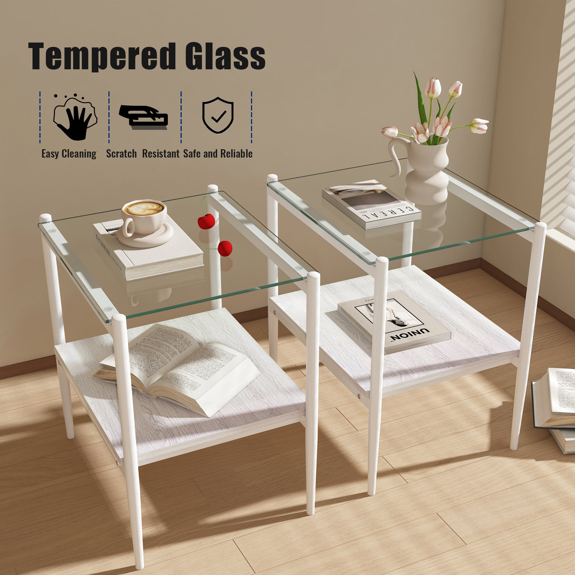 Coffee Table And End Tables Set Of 3, Tempered Glass Table With Mdf Layer, Modern Tables For Living Roomtransparent Glass Transparent Tempered Glass