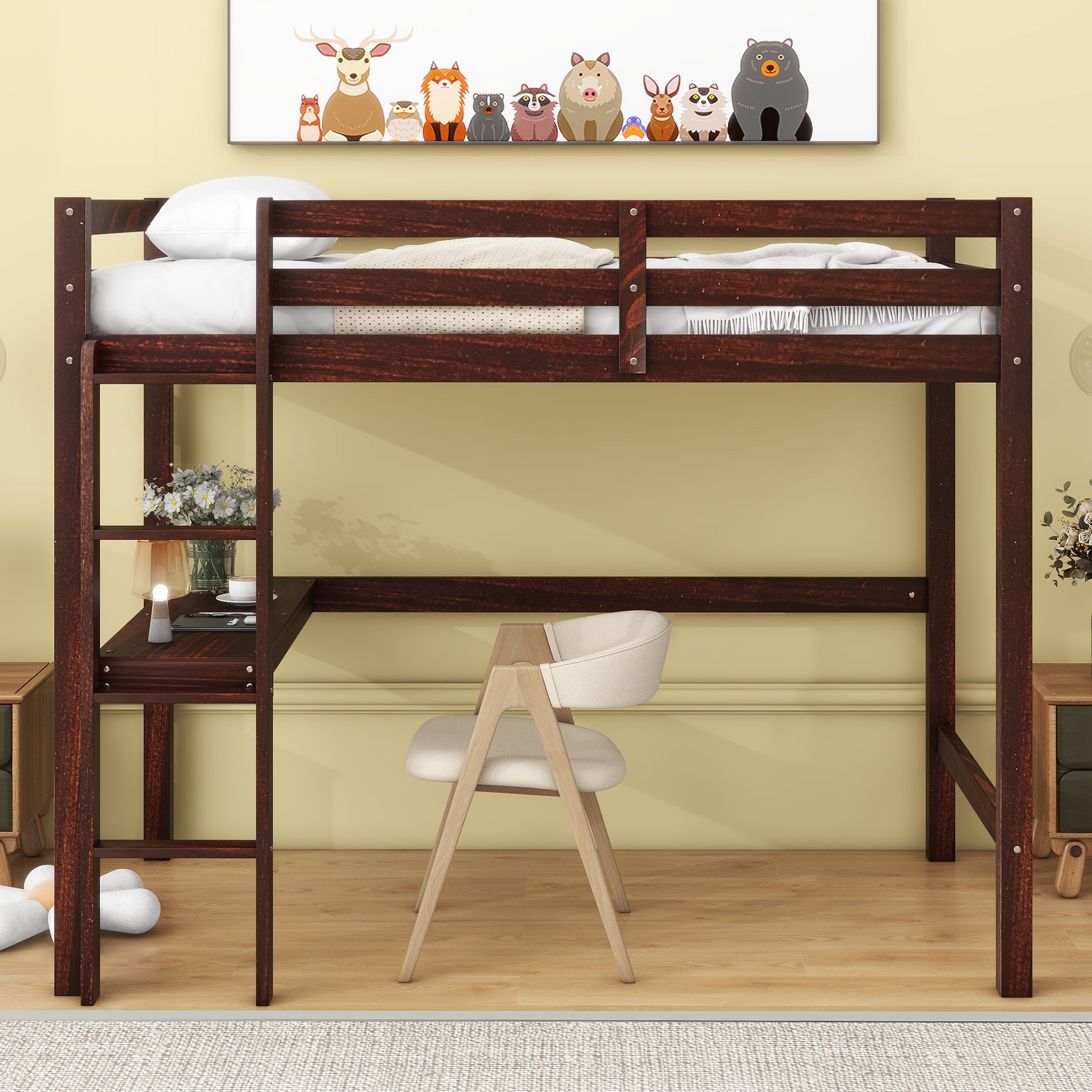 Twin Loft Pine Wood Bed With Built In Desk, Safety Guardrails, Ladder,Espresso Twin Espresso Pine