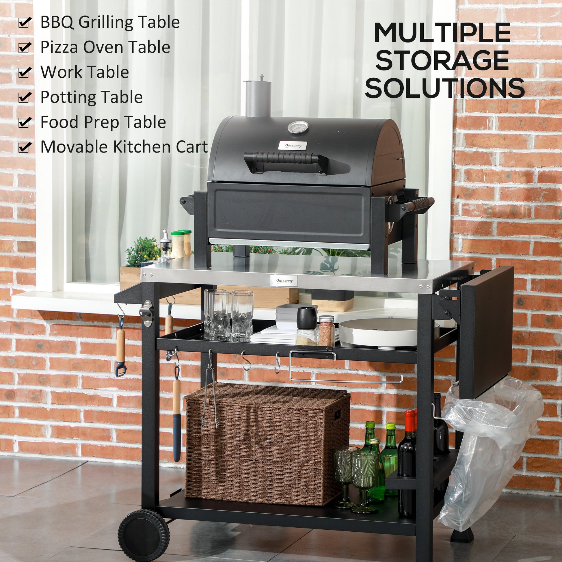 Outsunny Outdoor Grill Cart With Foldable Side Table, 46" X 21.75" Multifunctional Stainless Steel Pizza Oven Stand With Three Shelf, Movable Food Prep Table On Wheels, Black Black Stainless Steel