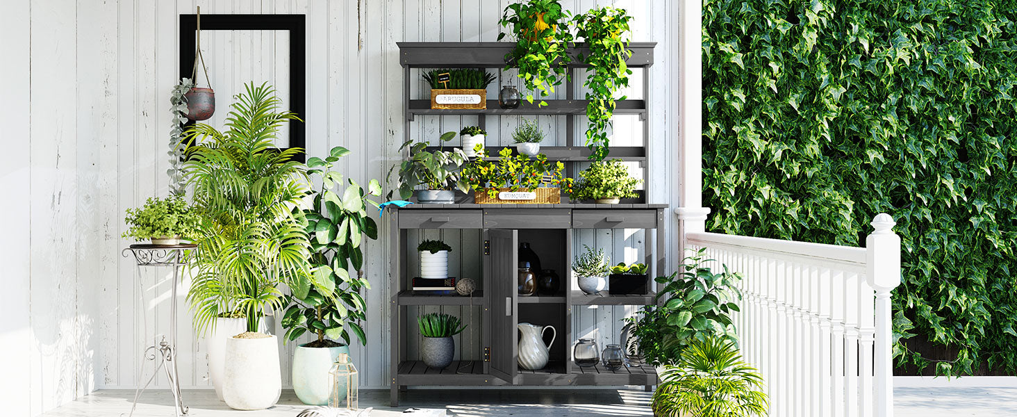 66'' Large Outdoor Farmhouse Wooden Potting Bench Table, Garden Workstation With 2 Drawers,Cabinet And Open Shelves For Backyard, Mudroom, Gray Gray Garden & Outdoor Casual Wood Solid Wood