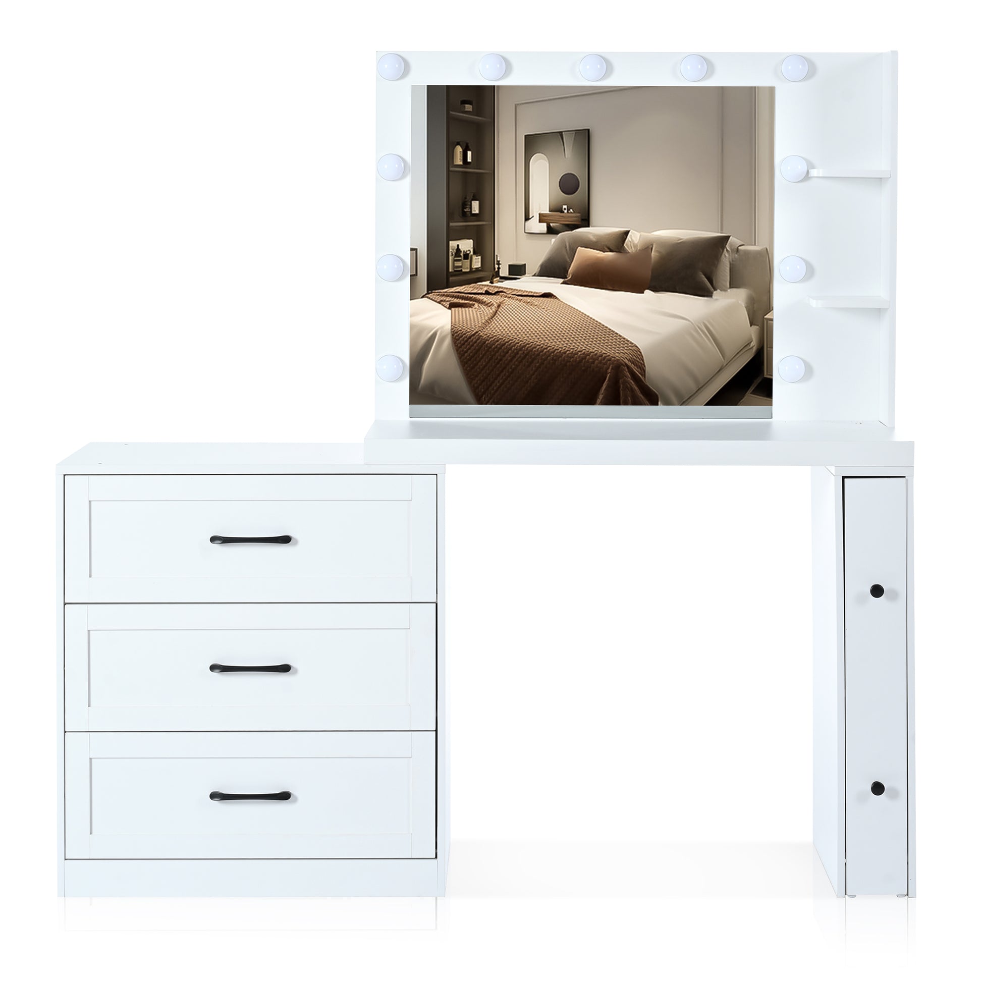 55.2" Vanity Desk With Freely Adjustable Side Cabinet, Makeup Vanity With Hollywood Lights, 5 Storage Drawers & 2 Shelves, Modern Dressing Table, White White Mdf,Tempered Glass