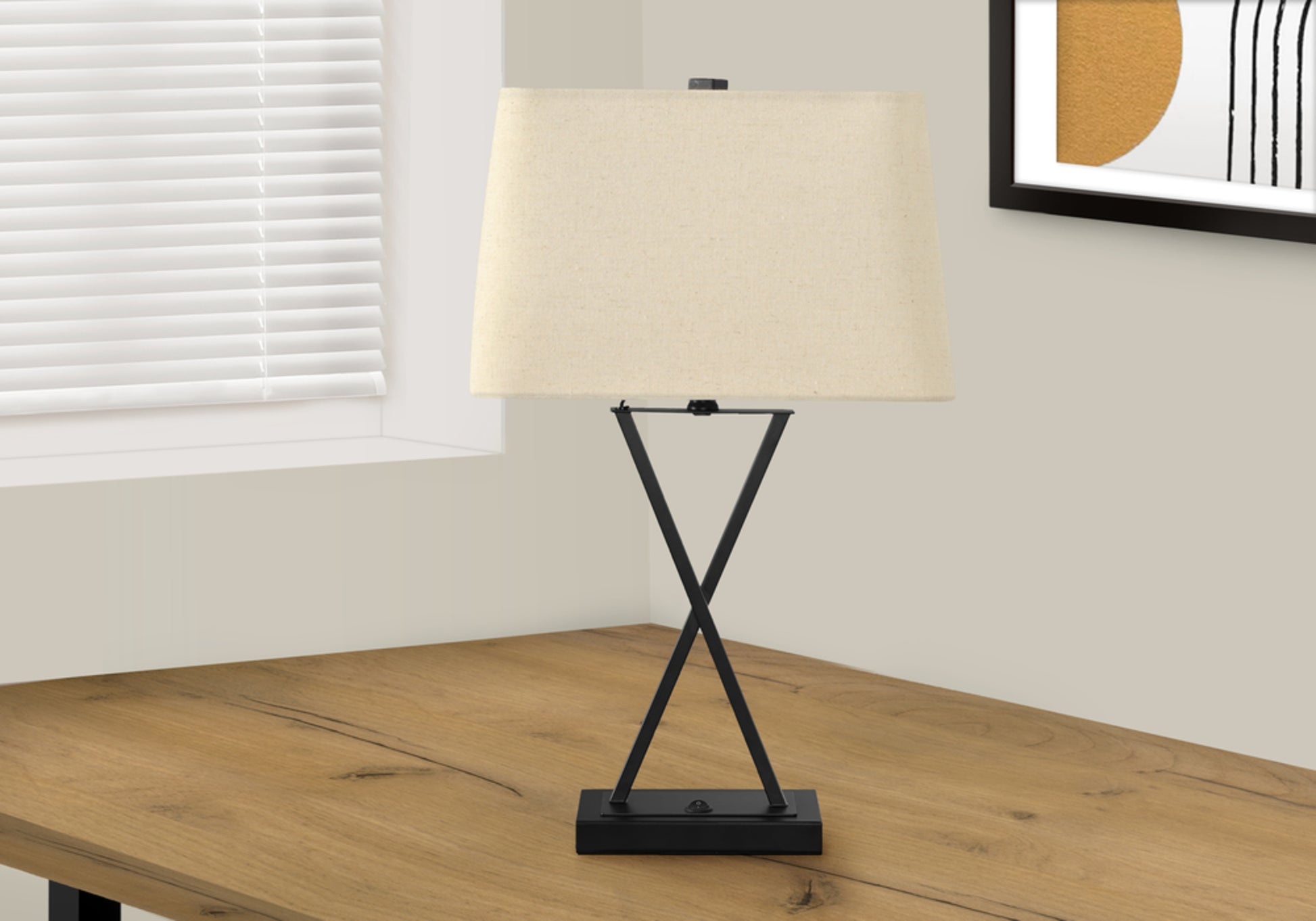 Lighting, 25"H, Table Lamp, Usb Port Included, Black Metal, Beige Shade, Transitional Black Metal