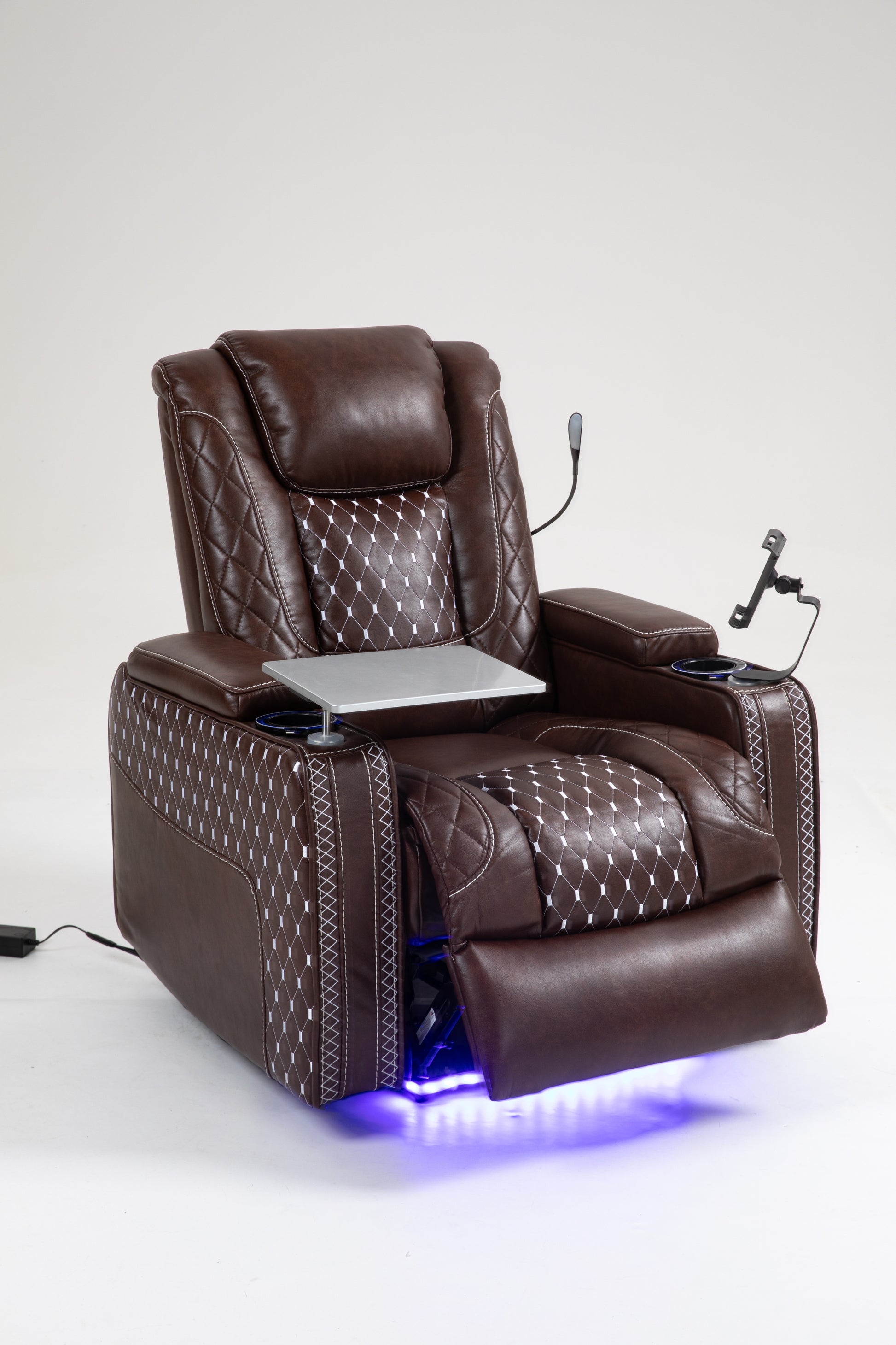 Power Zero Gravity Recliner With Multifunctional Features Storage Armrest & Cup Holder Laptop Table & Phone Holder Reading Light & Led Infinite Position Recline For Living Room & Office Brown Leather