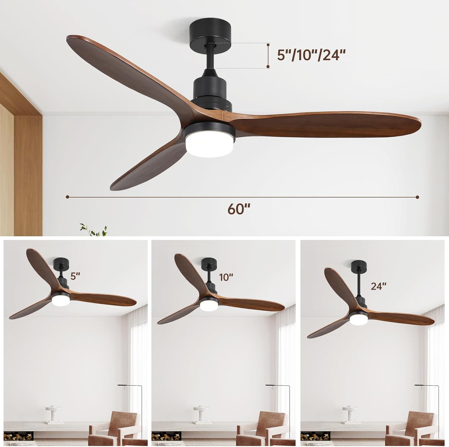 60 Inch With Lights 3 Solid Wood Fan Blade Noiseless Reversible Motor Remote Control Black Metal & Wood