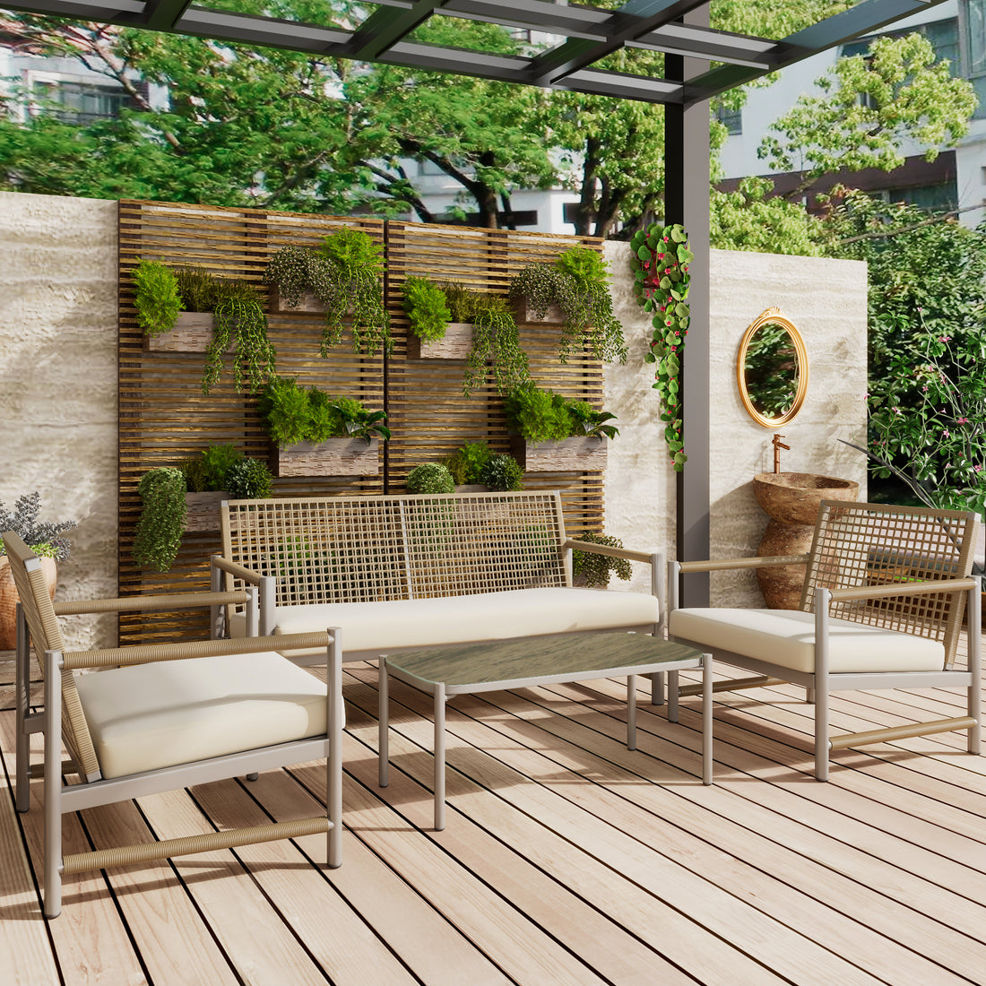 4 Pieces Patio Furniture Set, Pe Rattan Wicker 4 Pcs Outdoor Sofa Set W Washable Cushion And Tempered Glass Tabletop, Conversation Furniture For Garden Poolside Balcony Yes Complete Patio Set White Natural Garden & Outdoor Artsy Complete Patio Sets
