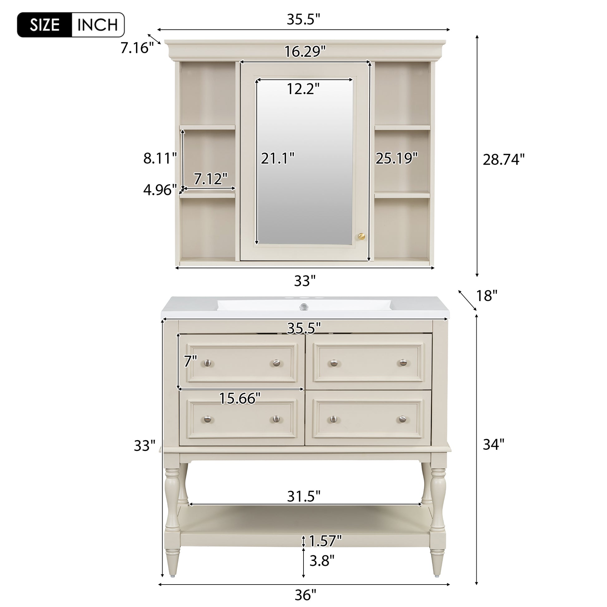 36'' Bathroom Vanity With Medicine Cabinet, Modern Mirror Cabinet With Adjustable Shelf, Bathroom Storage Cabinet With 4 Drawers, Solid Wood Frame Bathroom Storage Cabinet 4 Beige 1 5 Adjustable Hinges Bathroom Freestanding Solid Wood Mdf Resin Painted