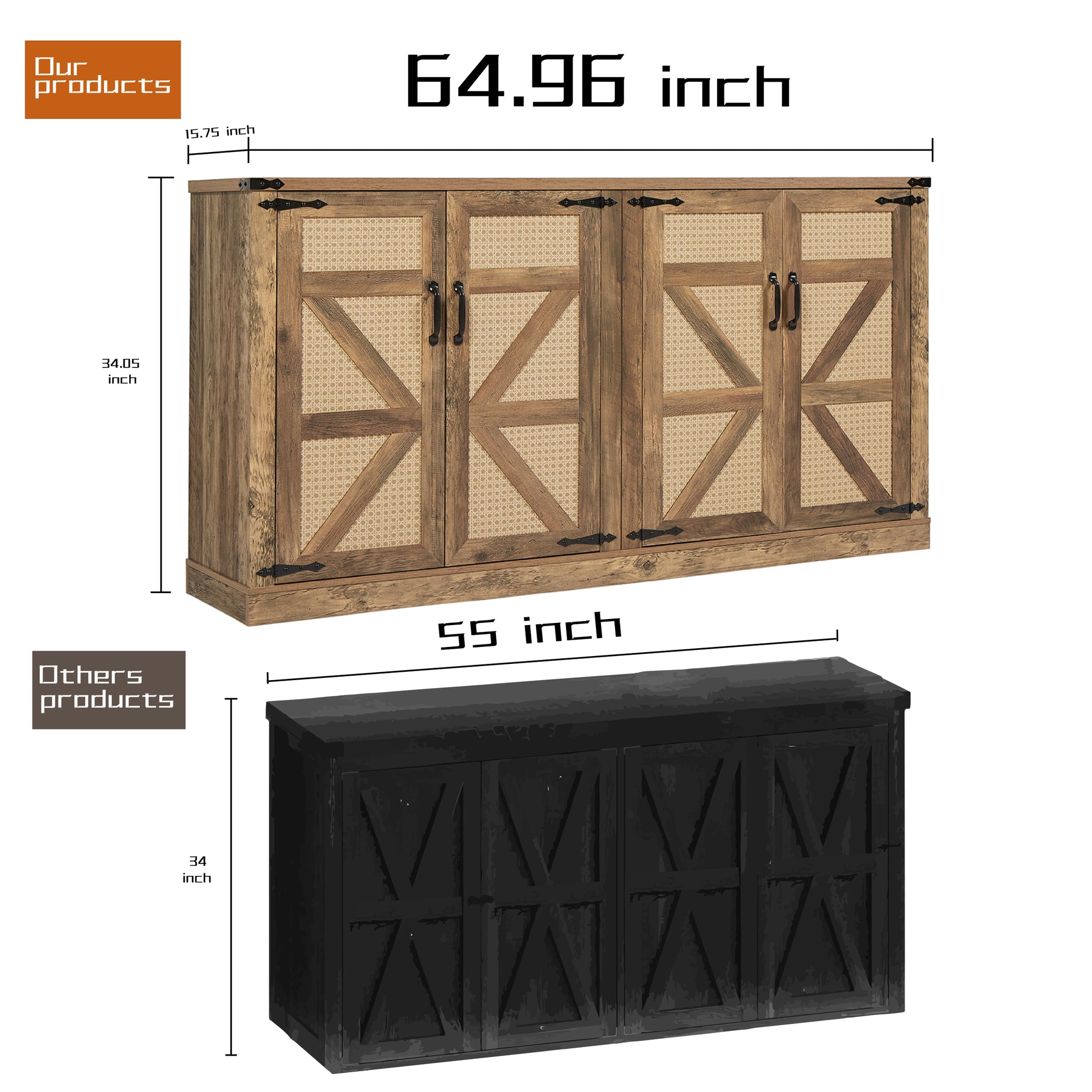 65 Inch Rustic Oak Color Faux Rattan Sideboard, Barn Door Rustic Style Sideboard, Living Room, Entryway, Bedroom, Dining Room Four Door Storage Cabinet Oak Particle Board Mdf