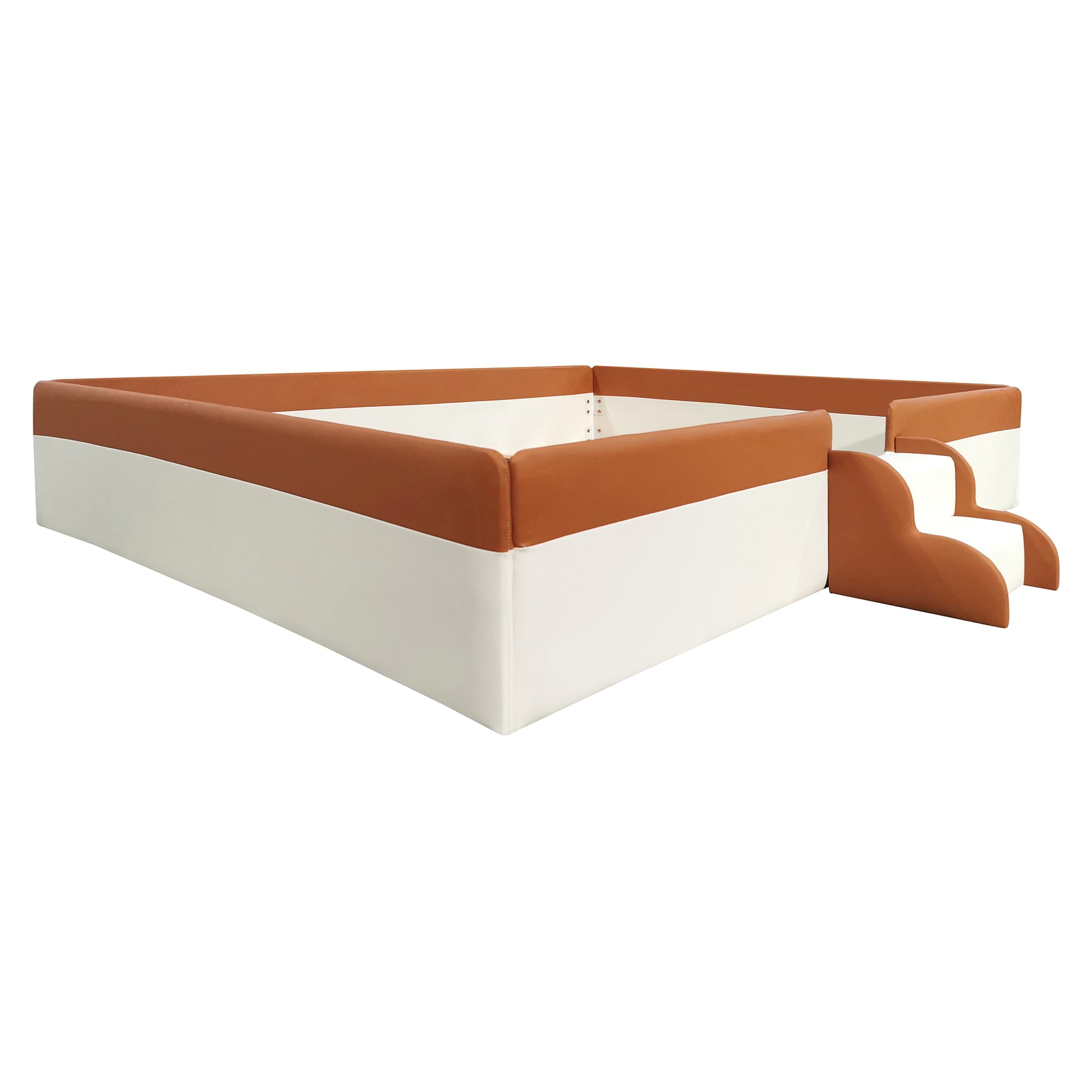 Queen Size Upholstered Daybed Frame With Fence And Stairs, Brown White Queen Brown White Mdf Lvl