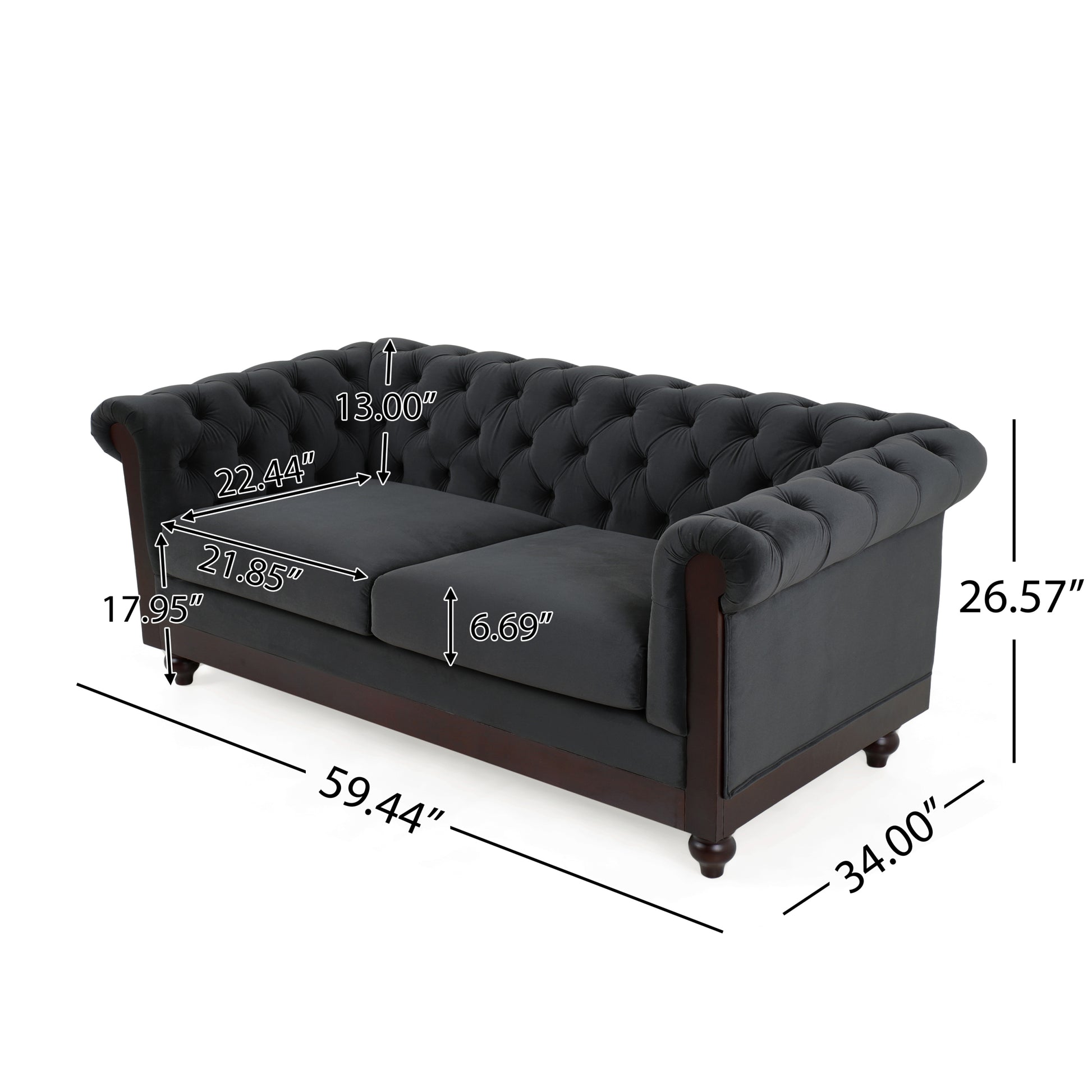 Vivalux 59.44" Chesterfield Velvet Loveseat Sofa,2 Person Rolled Arm Dutch Plush Upholstered Sofa Couch With Tufted Button For Living Room, Bedroom, Small Places,Dark Gray Dark Gray Espresso Velvet Wood Primary Living Space Soft Tufted Back