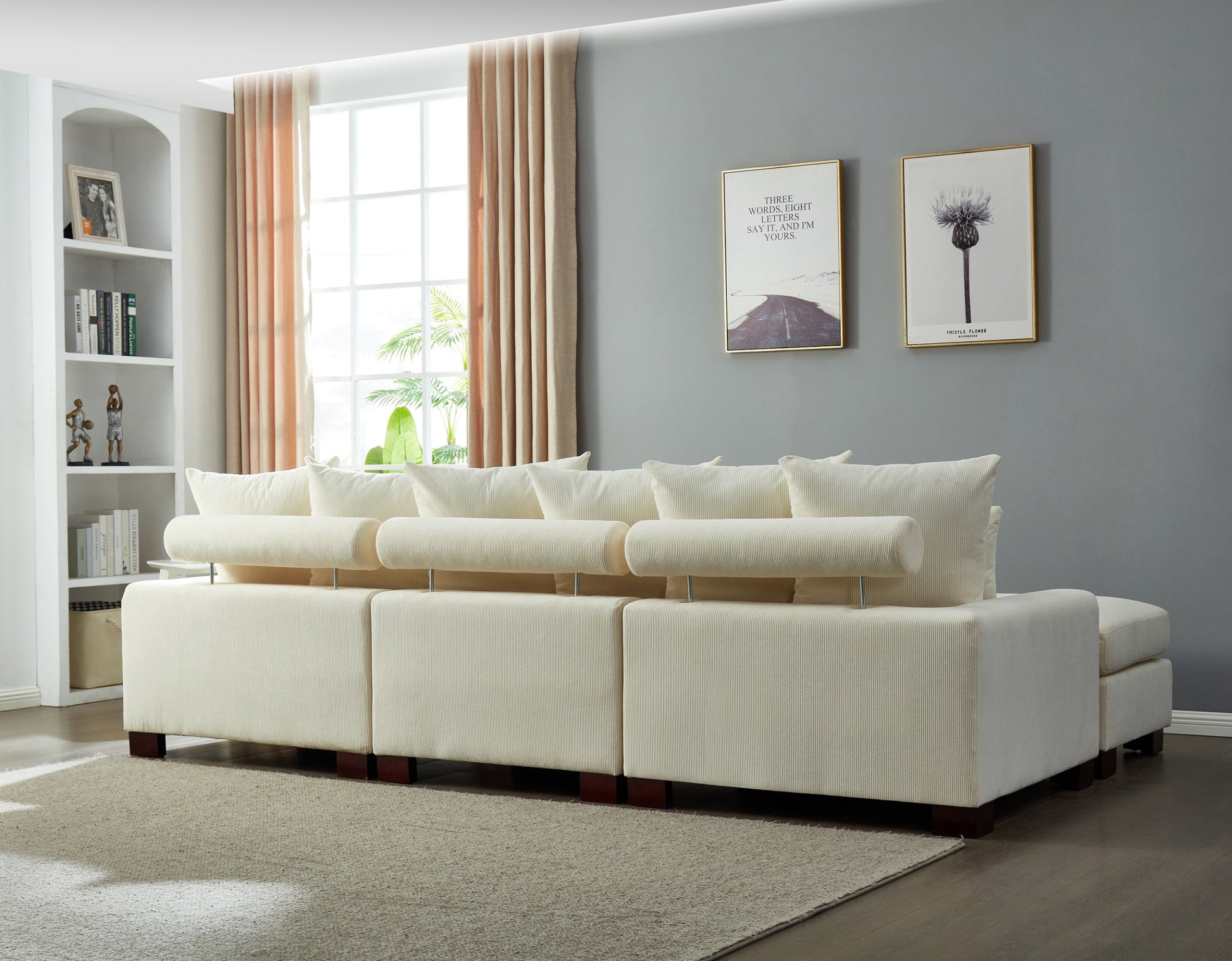 Modular Sectional Sofa,5 Seater Oversized Convertible L & U Shaped Couch, Corduroy Fabric Beige Wood Fabric 5 Seat