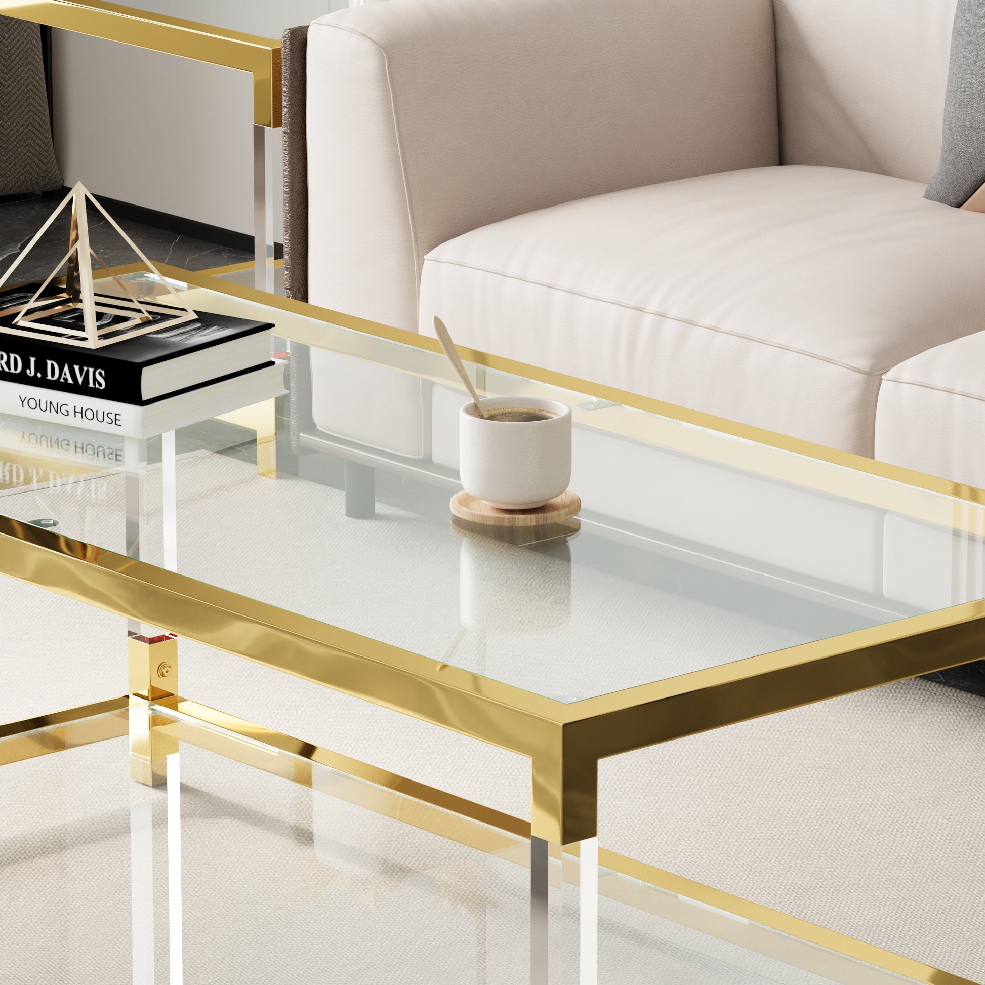 Modern Minimalist Style Gold Metal Frame With Acrylic Leg Coffee Table Cs 1195 Golden,Transparent Glass Acrylic