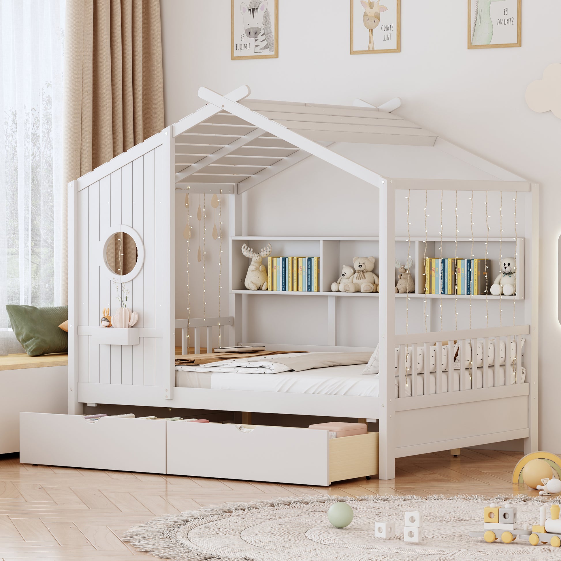 Wooden Full Size House Bed With 2 Drawers,Kids Bed With Storage Shelf, White Full White Solid Wood