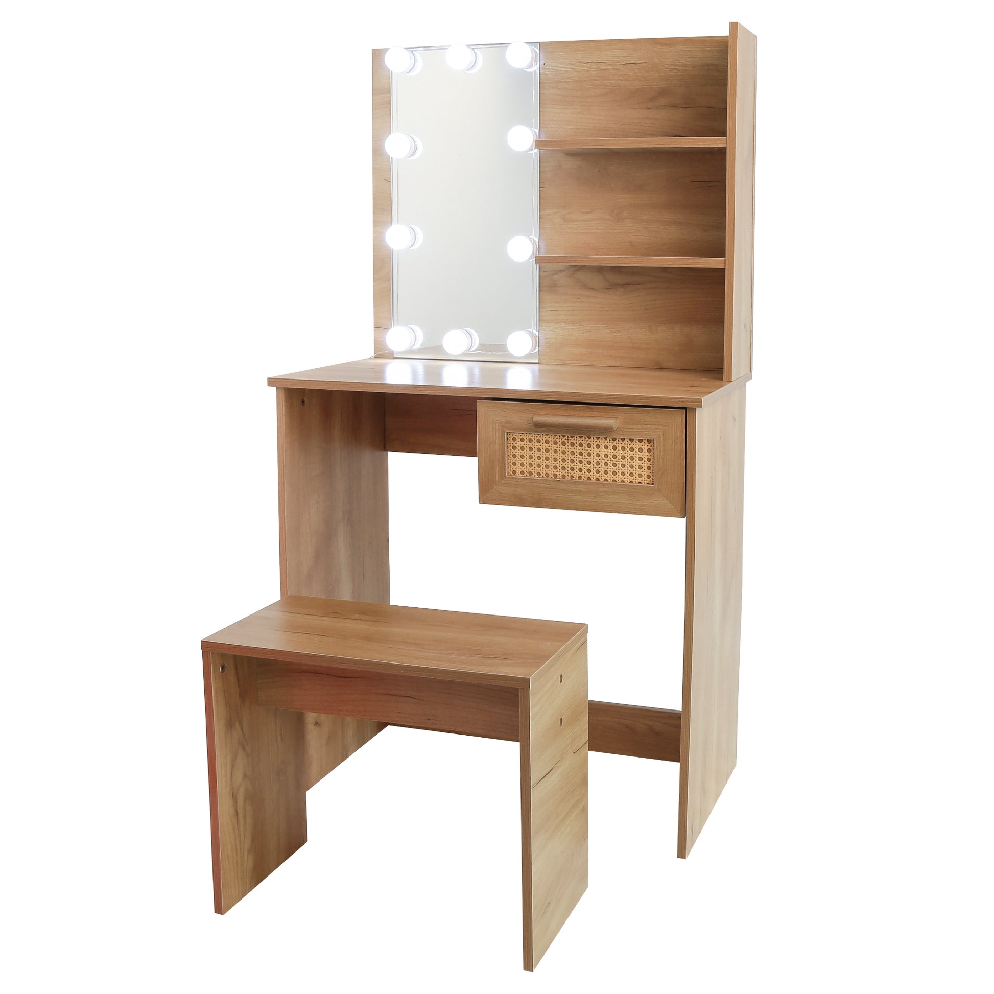 Vanity Desk Set Stool & Dressing Table With Led Lighting Mirror Drawer And Compartments Modern Wood Cosmetic Table Chest Of Drawers Nature Color Natural Wood Particle Board