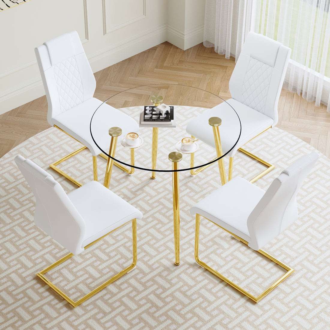 Table And Chair Set, Modern Minimalist Style Round Transparent Tempered Glass Table With Gold Metal Legs, Paired With 4 Modern Pu Leather High Back Dining Chair, Bringing A Luxurious Experience. White Seats 4 Glass Metal