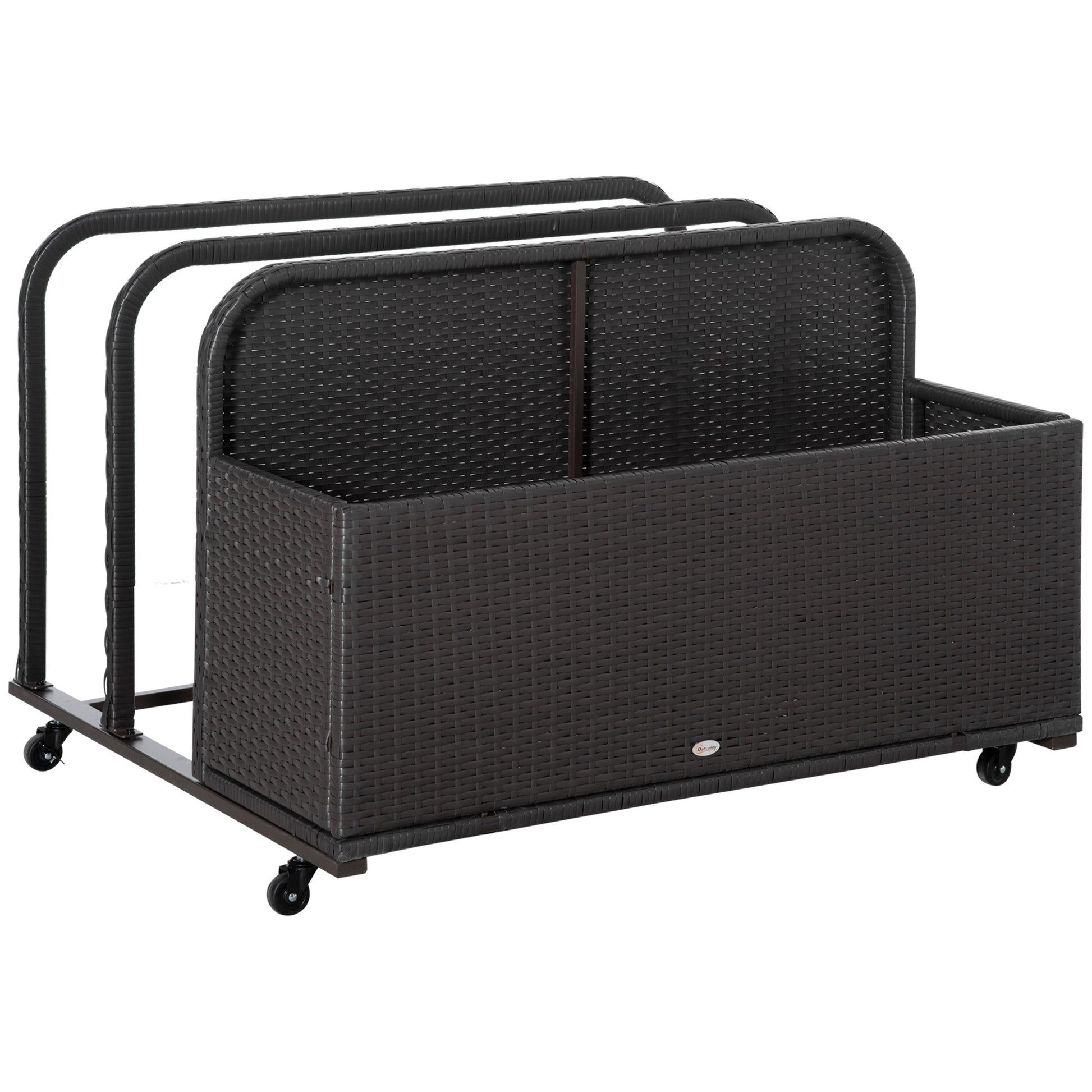 Outsunny Wicker Patio Poolside Float Storage Basket, Pe Rattan Outdoor Pool Caddy With Rolling Wheels For Floaties, Noodles, Life Vests, Beach Balls, Toys, Brown Brown Steel
