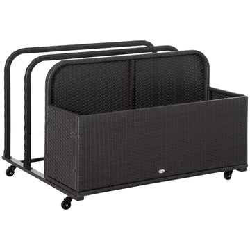 Outsunny Wicker Patio Poolside Float Storage Basket, Pe Rattan Outdoor Pool Caddy With Rolling Wheels For Floaties, Noodles, Life Vests, Beach Balls, Toys, Brown Brown Steel