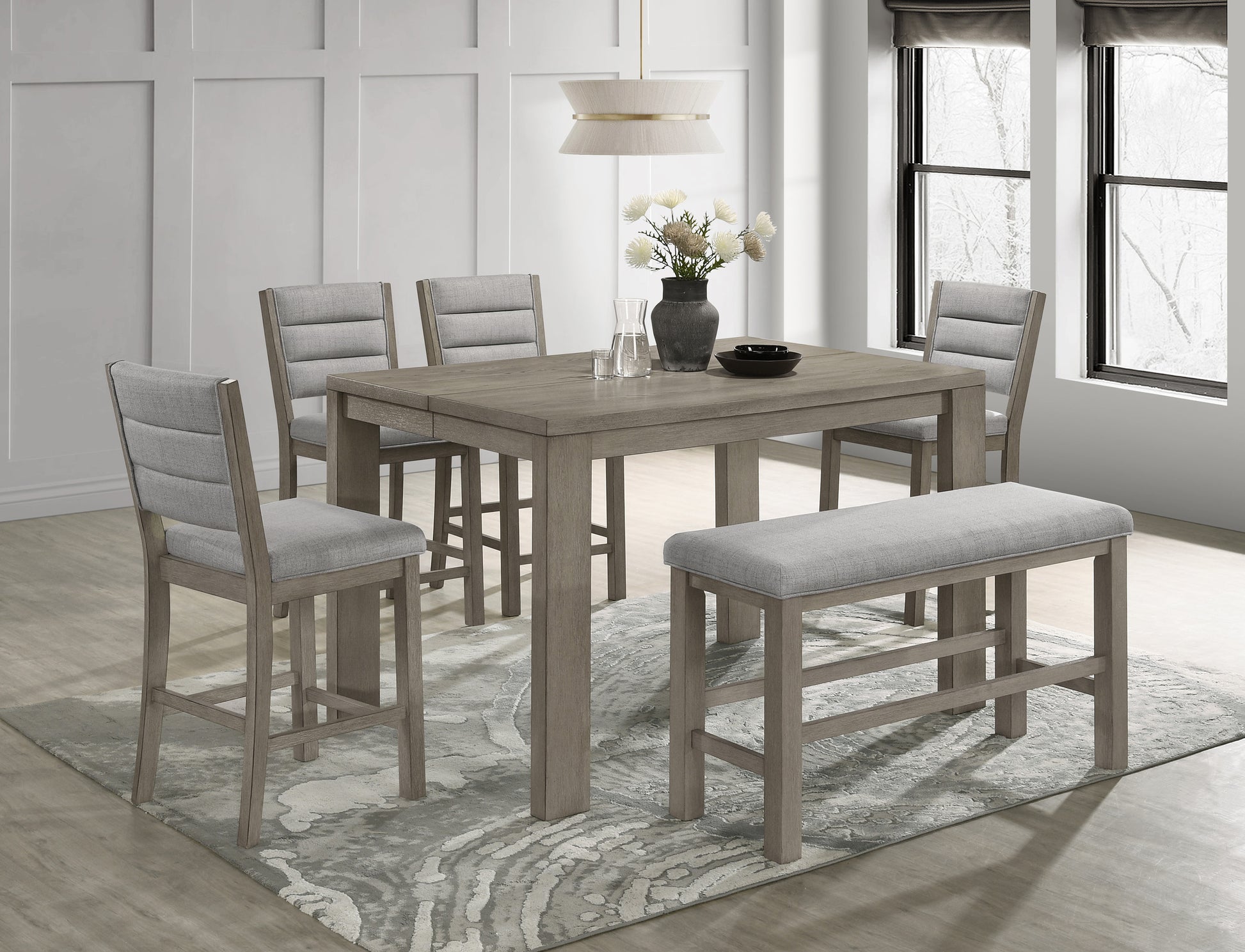 6Pc Dining Set Contemporary Farmhouse Style Counter Height 18" Expandable Leaf Table Gray Finish Upholstered Chairs Bench Wooden Solid Wood Dining Room Kitchen Furniture Upholstered Chair Wood Brown