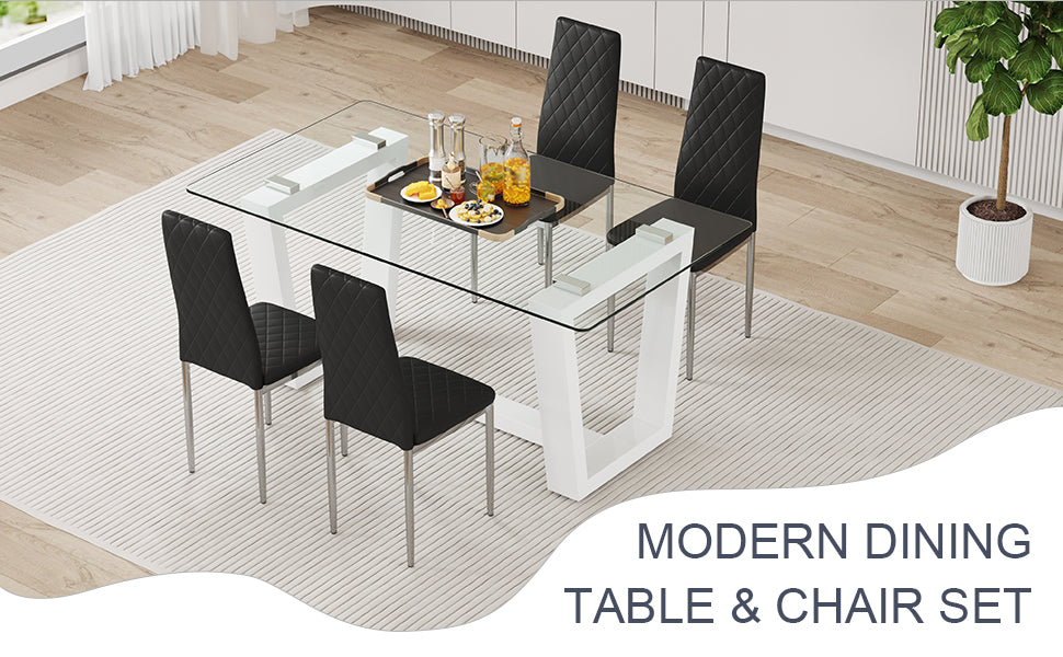 Table And Chair Set.A Rectangular Dining Table Features With Tempered Glass Top And Sleek White Mdf Stand.Paried With 4 Pu Chairs With Checkered Armless High Back And Electroplated Metal Legs. Black,White Seats 4 Mdf Glass