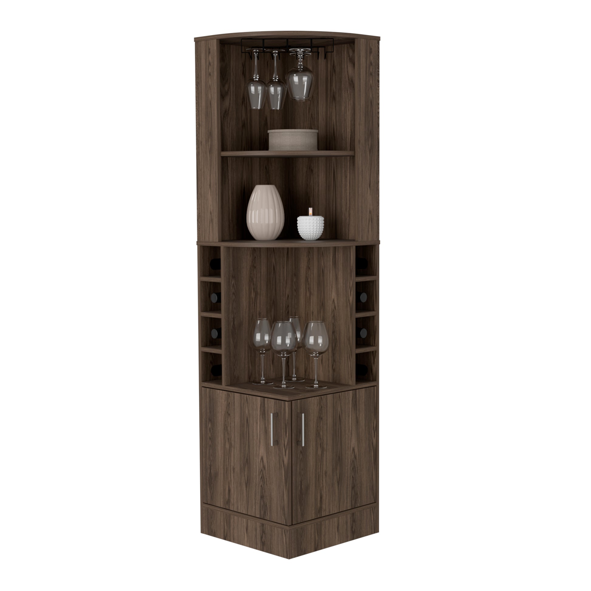 Corner Bar Cabinet, Two External Shelves, Dark Walnut Brown Solid Wood Mdf Engineered Wood