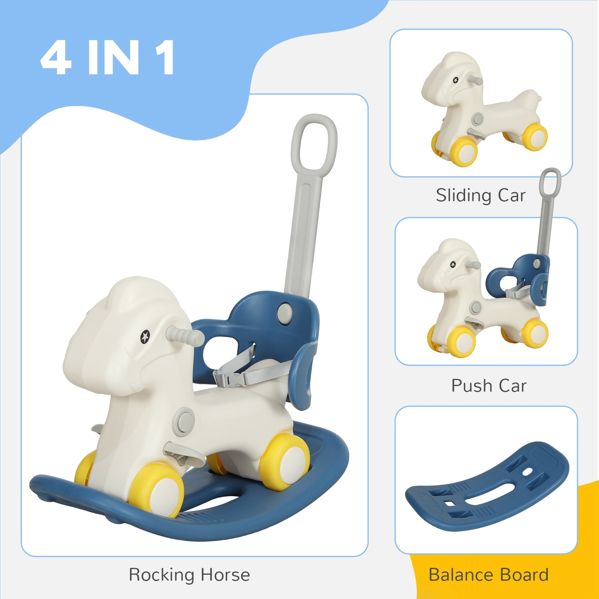 Qaba 4 In 1 Rocking Horse For Toddles 2 5 Years, Baby Ride On Horse With Detachable Push Handle & Balance Board, Kids Riding Horse Birthday Gift For Boys & Girls, Blue Blue Hdpe
