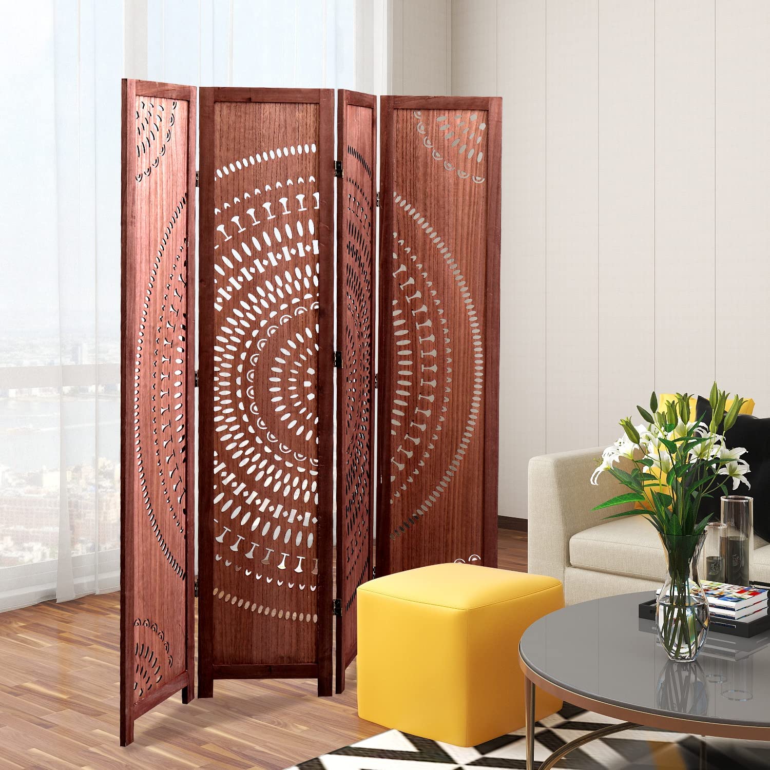 55.2'' W X 65'' H 4 Panel Solid Wood Folding Room Divider, Brown Brown Solid Wood