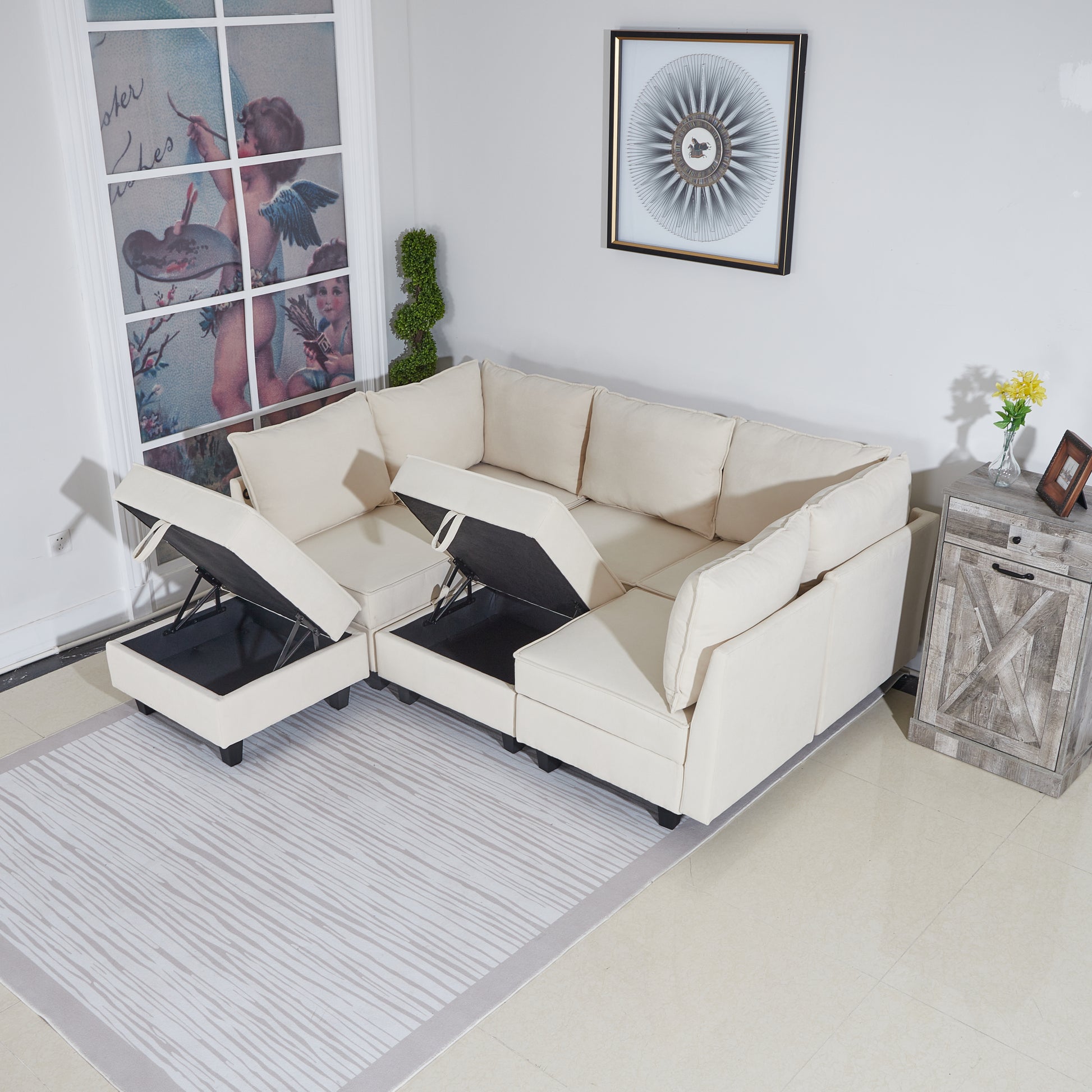 7 Seater Modular Pieces Sofa Storage Seats 7 Seat Living Room Furniture Modular Sleeper Sofa Brown Wood Primary Living Space Medium Duty Acacia 7 Seat Beige Chenille Soft Cushion Back Casual,Classic Armless Foam Wood