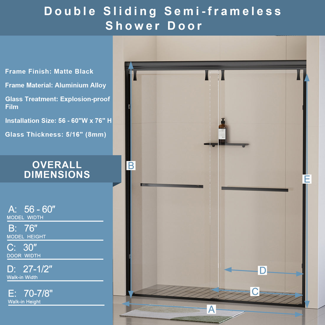 56 60 In. W X 76 In. H Semi Frameless Shower Door, Double Sliding Shower Door, 5 16" 8Mm Clear Tempered Glass Shower Door With Explosion Proof Film, Matte Black 24D212 60Mb Matte Black Bathroom Stainless Steel