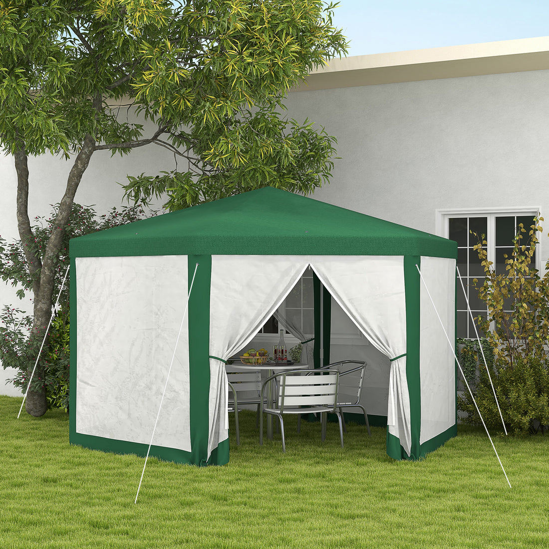 Outsunny 13' X 11' Outdoor Party Tent, Hexagon Sun Shade Shelter Canopy With Protective Mesh Screen Sidewalls, Ropes & Stakes, Green Green Steel