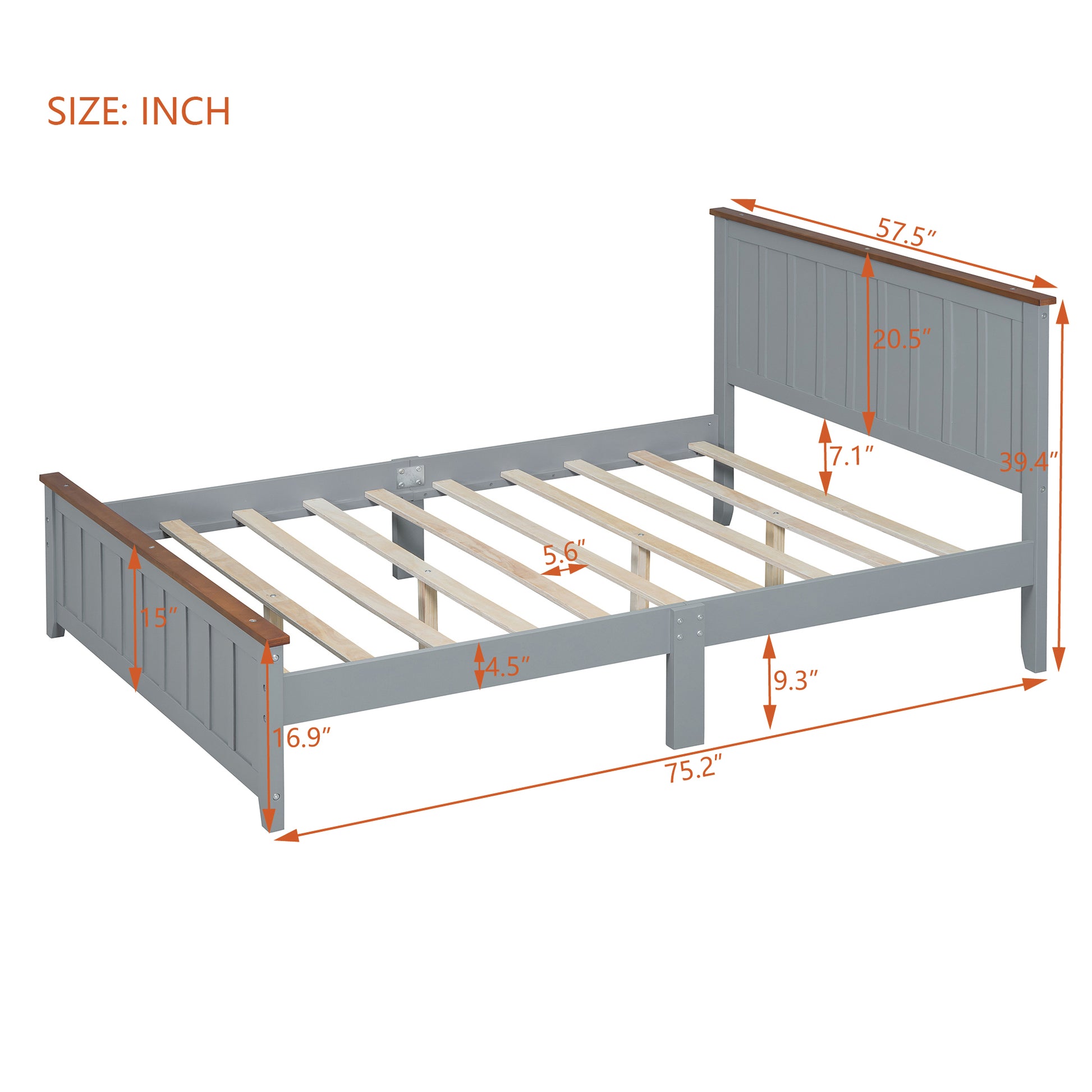 Full Size Wood Platform Bed Wooden Slat Support, Vintage Simple Bed Frame With Rectangular Headboard And Footboard, Grey Box Spring Not Required Full Grey Wood