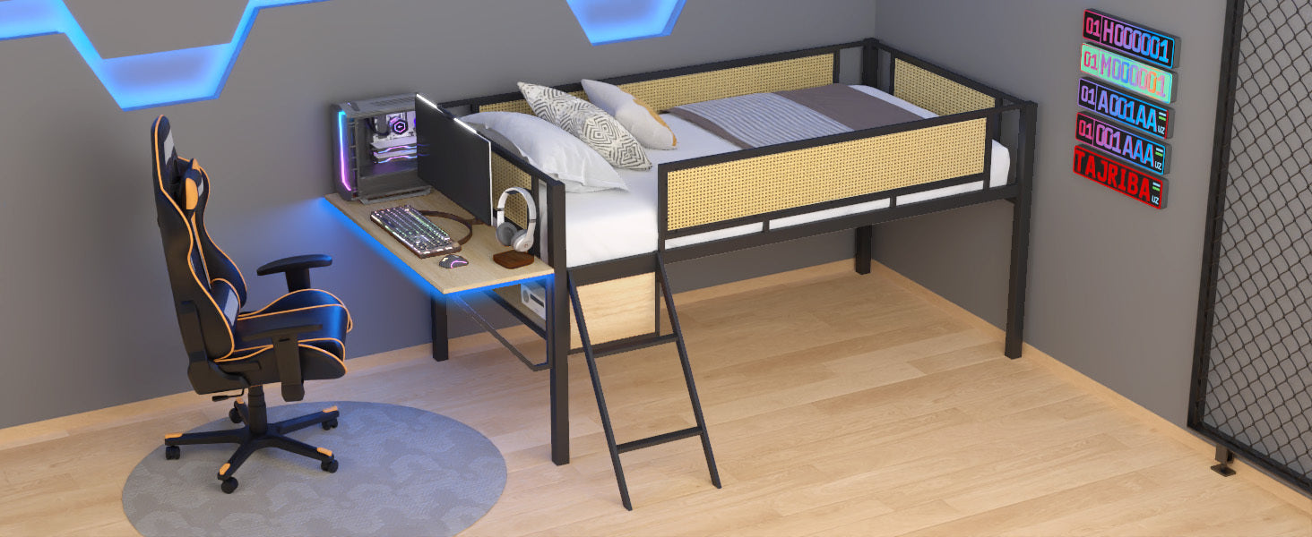 Single Metal Loft Bed With Rectangular Desk, Led Lights, Led Loft Bed Frame Double Bed With Storage Shelves And Hanging Storage Compartments, Safety Guard And Ladder, No Box Springs Required, Rattan G Twin Black Natural Mdf Iron