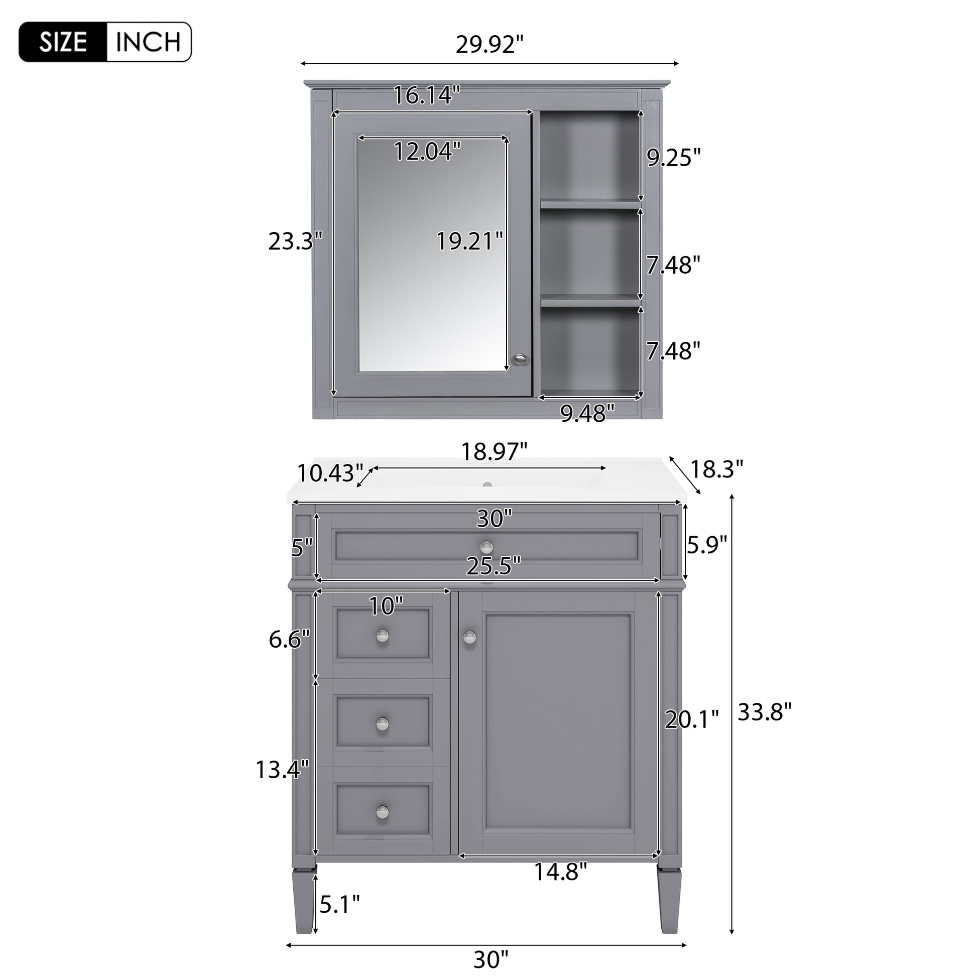 30'' Bathroom Vanity With Top Sink, Modern Bathroom Storage Cabinet With 2 Drawers And A Tip Out Drawer, Freestanding Vanity Set With Mirror Cabinet, Single Sink Bathroom Vanity Grey Bathroom Solid