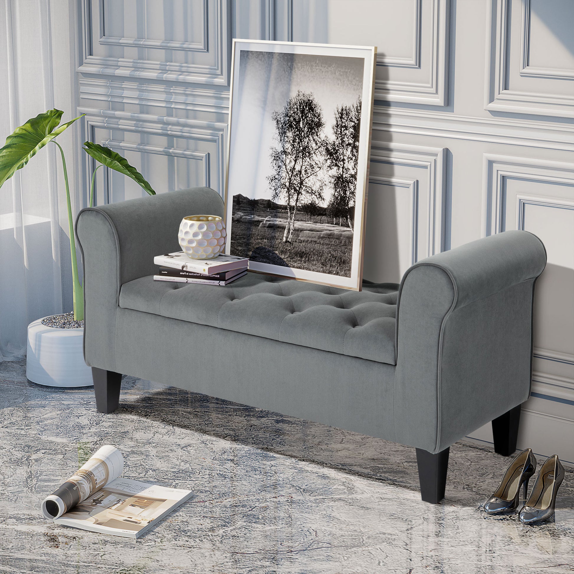 Homcom Button Tufted Storage Ottoman Bench, Upholstered Bench With Rolled Armrests For Living Room Or Hallway, Gray Grey Polyester