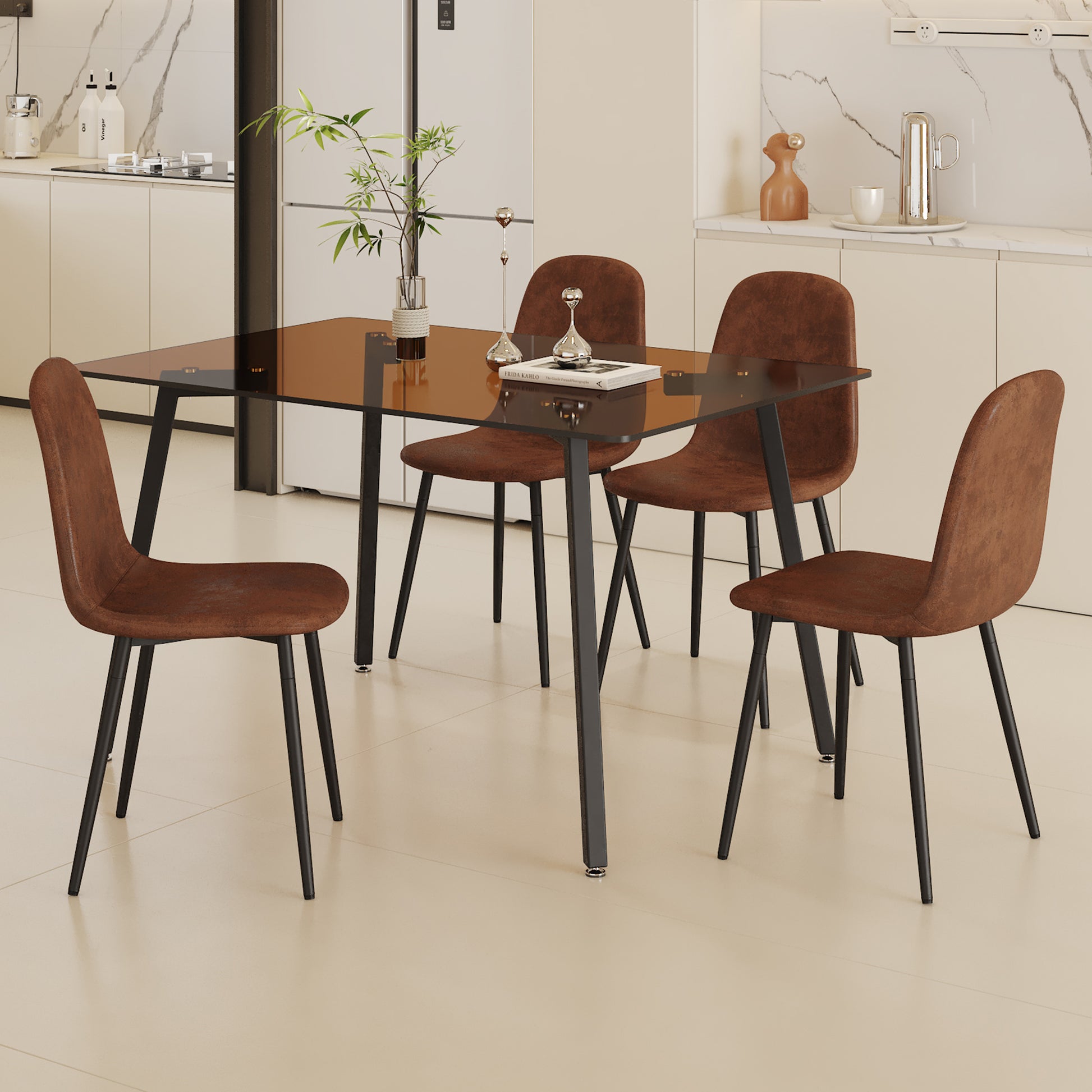 Table And Chair Set.Large Modern Rectangular Table With Brown Glass Top And Silver Metal Legs. Paired With 4 Brown Chairs With Soft Linen Fabric Cushions And Black Metal Legs. Brown,Silver Seats 4 Glass Metal