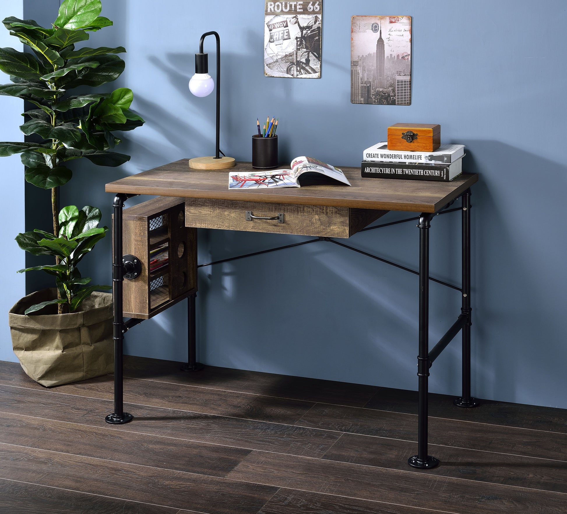 Endang Weathered Oak & Black Finish Writing Desk Black,Oak Metal,Synthetic Wood