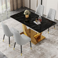 Table And Chair Set.Modern Rectangular Dining Table With Black Textured Stickers Glass Tabletop And Gold Plated Metal Legs.Paried With 4 Comfortable Chairs With Pu Seats And Black Metal Legs. Black