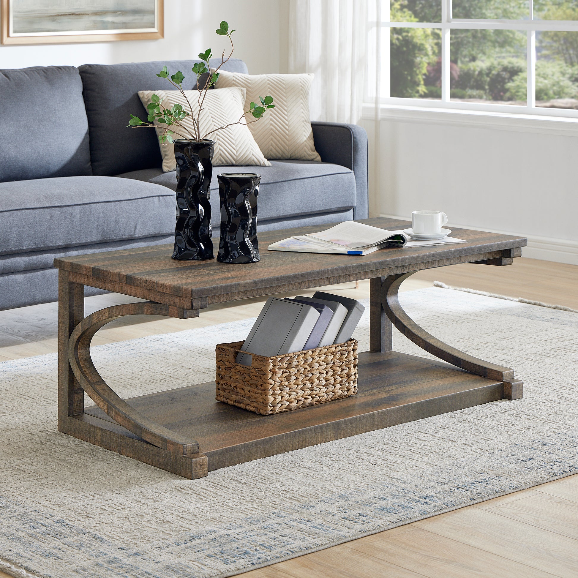 Unique Coffee Table, Solid Wood 48 Inch Modern Coffee Table Modern Center Table With Storage, Solid Wood Special Shape Coffee Table, Living Room, Kitchen, Apartment Dining Table Brown Solid Wood Mdf