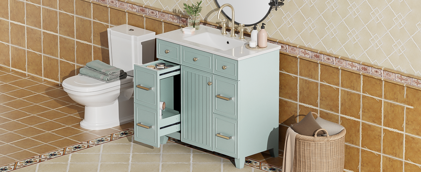 36" Bathroom Vanity With Ceramic Sink, Green, Solid Wood Frame, Soft Close Doors, Adjustable Shelves, 3 Drawers ,Including Double Depth Drawer For Hairdryer Storage Old Sku:Sv000003Aag 1 Green