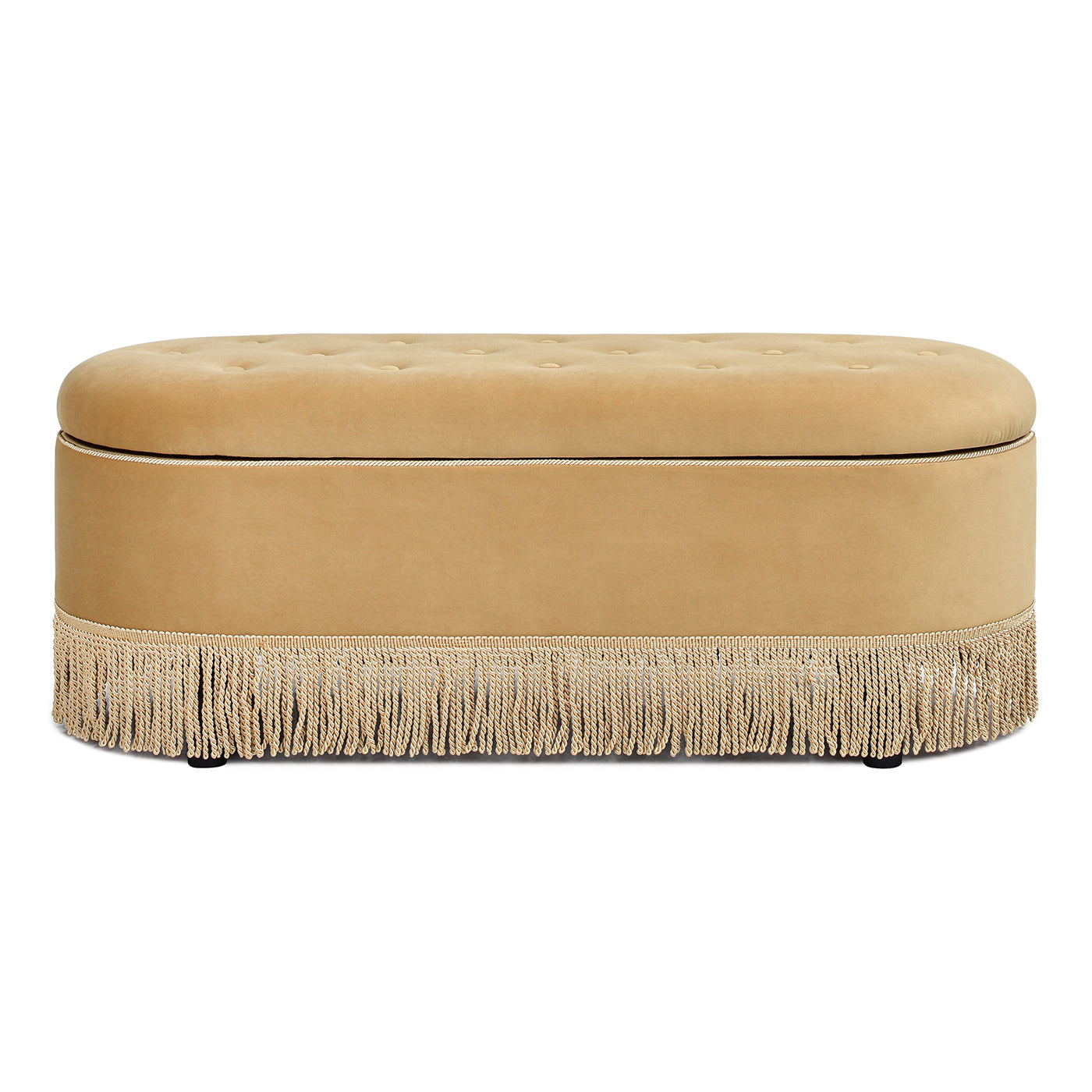 Melinda 48.5" Oval Tufted Bullion Fringe Storage Bench, Gold Velvet Yellow Foam Velvet