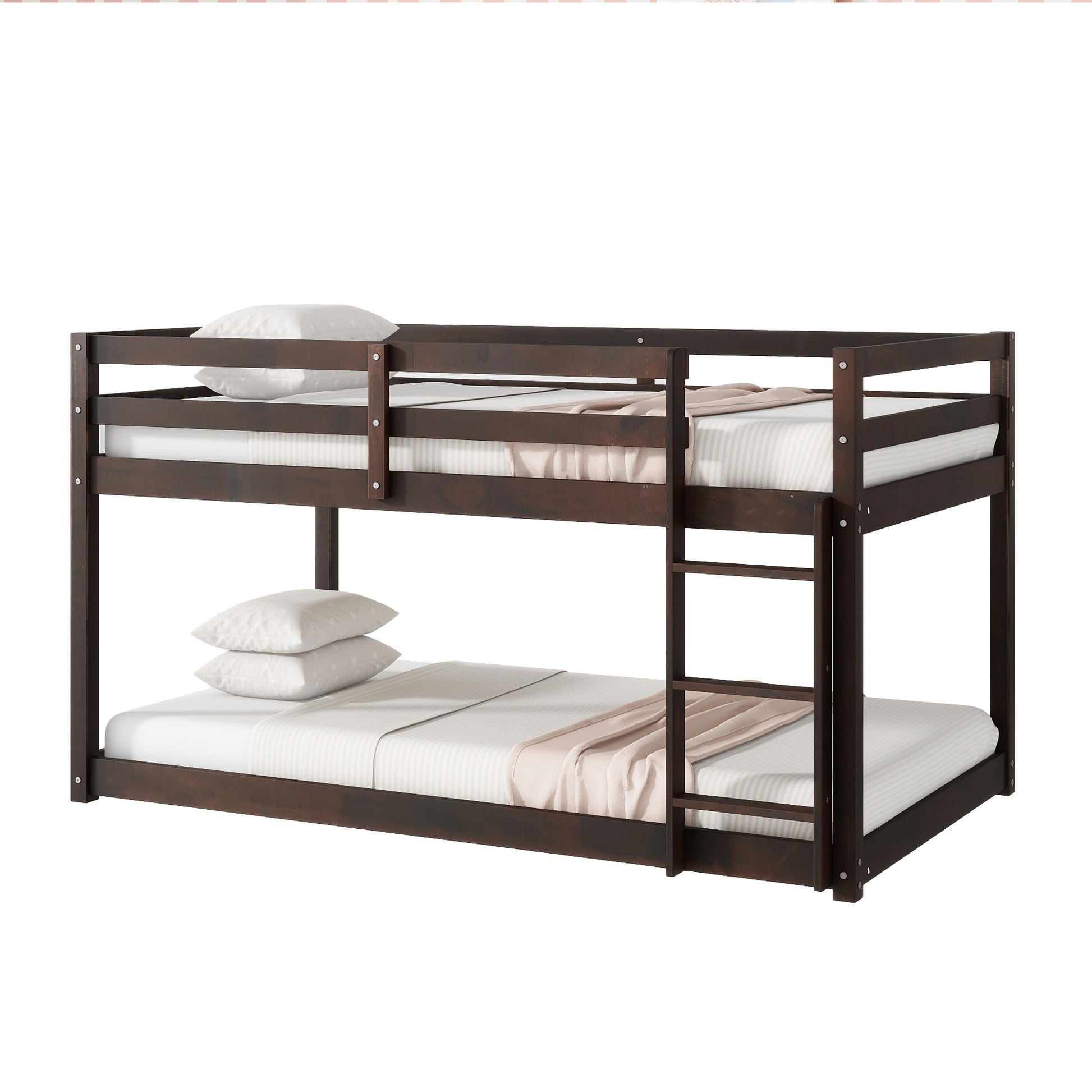 Solid Wooden, Solid Rubber Wooden Twin Over Twin Loft Bed With Ladder, With Bed Platform Of Strengthened Slatsespresso Twin Espresso Rubber Wood