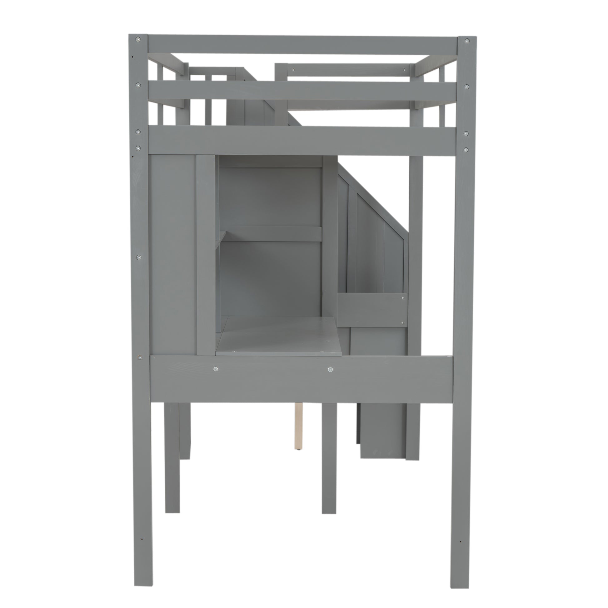 Twin Size Loft Bed Frame With Storage Staircase And Double Desks And Shelves,Gray Twin Gray Solid Wood Mdf