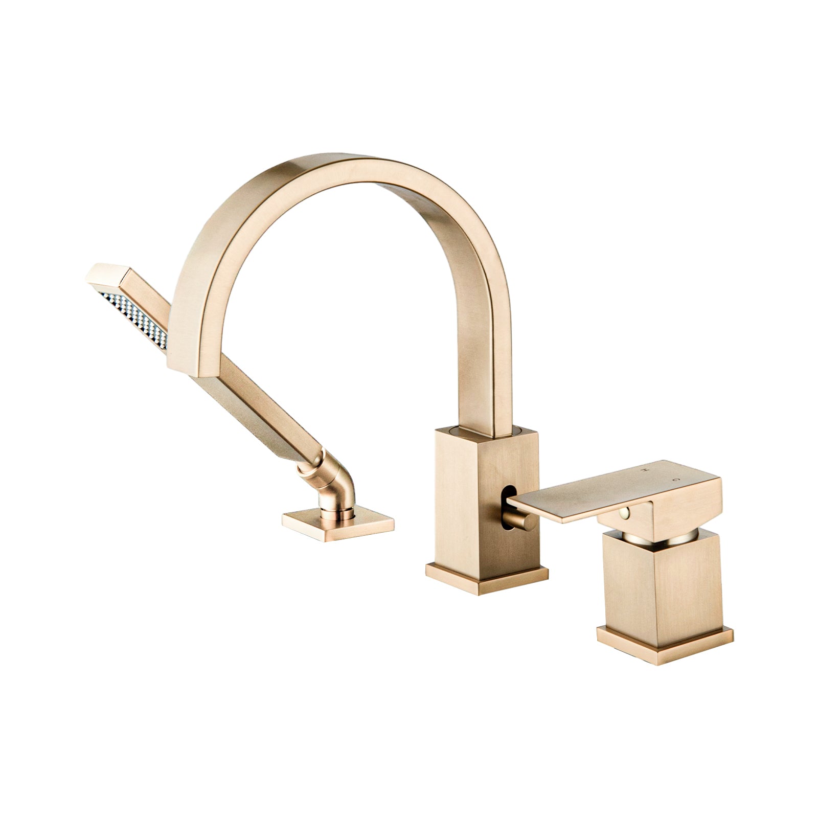 Waterfall Bathtub Faucet With Sprayer, 3 Hole Roman Tub Filler With Hand Shower Deck Mount Waterfall Tub Spout Set Brushed Gold Stainless Steel