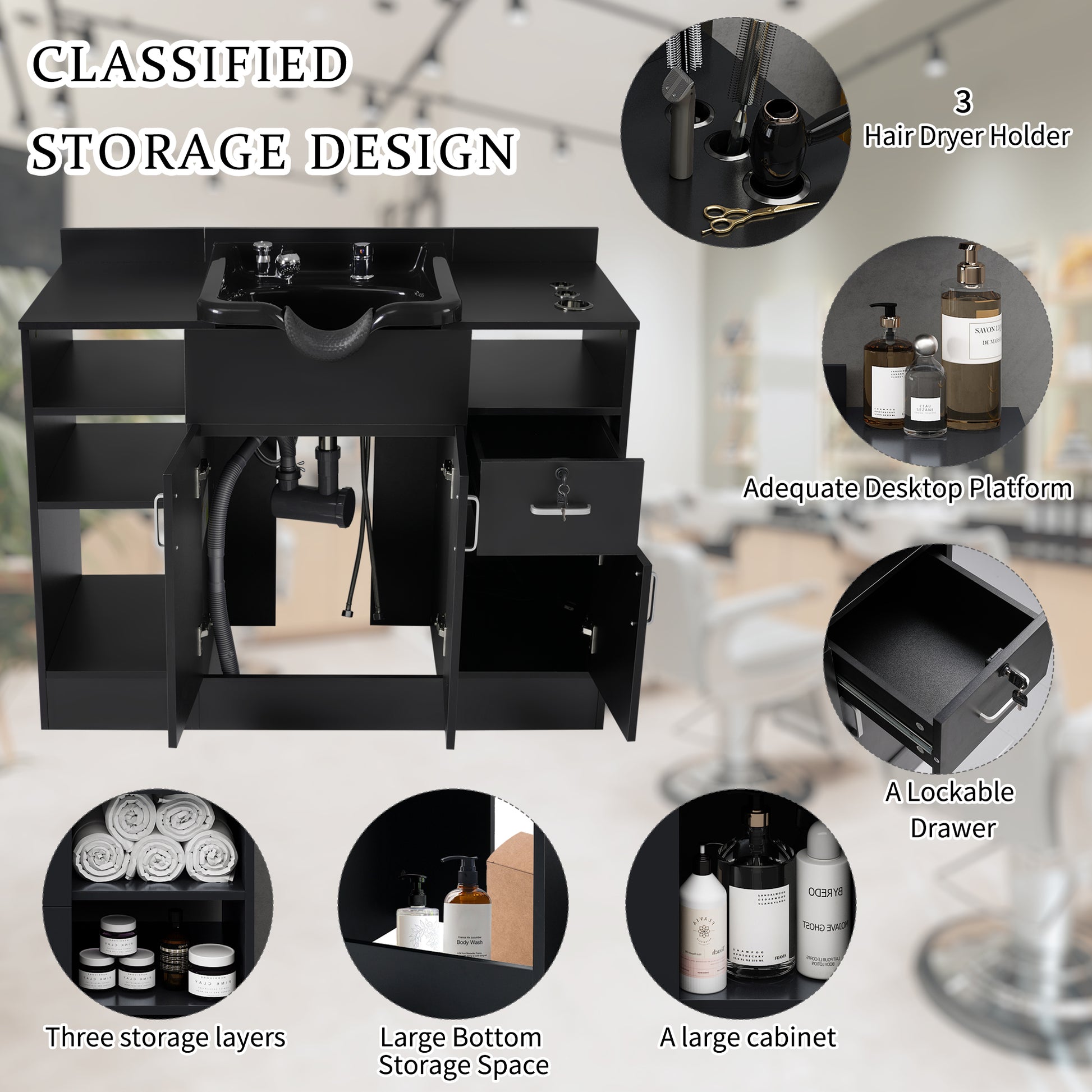 Shampoo Backwash Station For Salons,Salon Station With Shampoo Bowl & Storage Layer, Drawer,10V Outlets, Usb Port, Faucet Sprayer, Salon Equipment For Spa Beauty Black Classic,Modern Abs Steel Q235