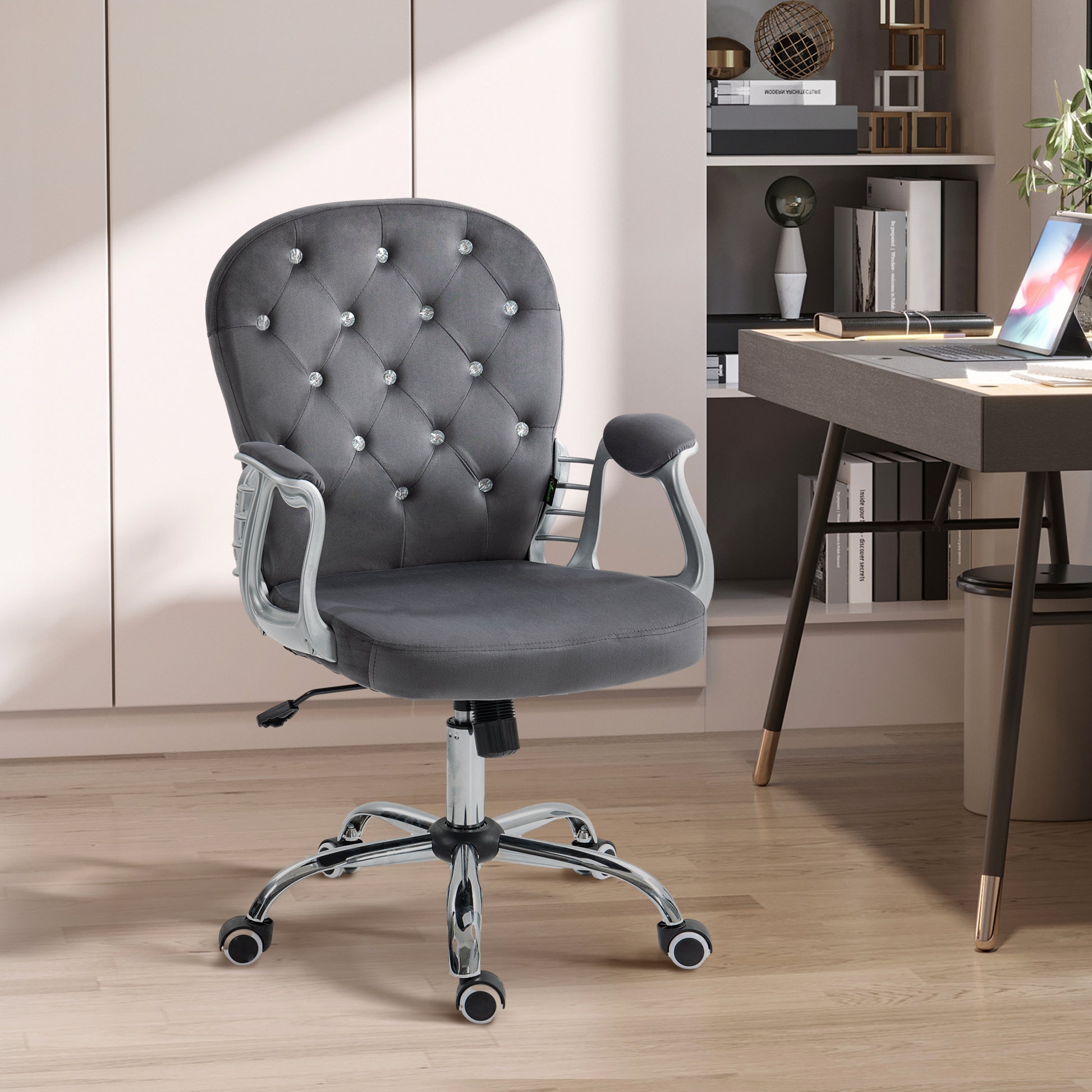 Vinsetto Velvet Home Office Chair, Button Tufted Desk Chair With Padded Armrests, Adjustable Height And Swivel Wheels, Dark Gray Dark Grey Polyester