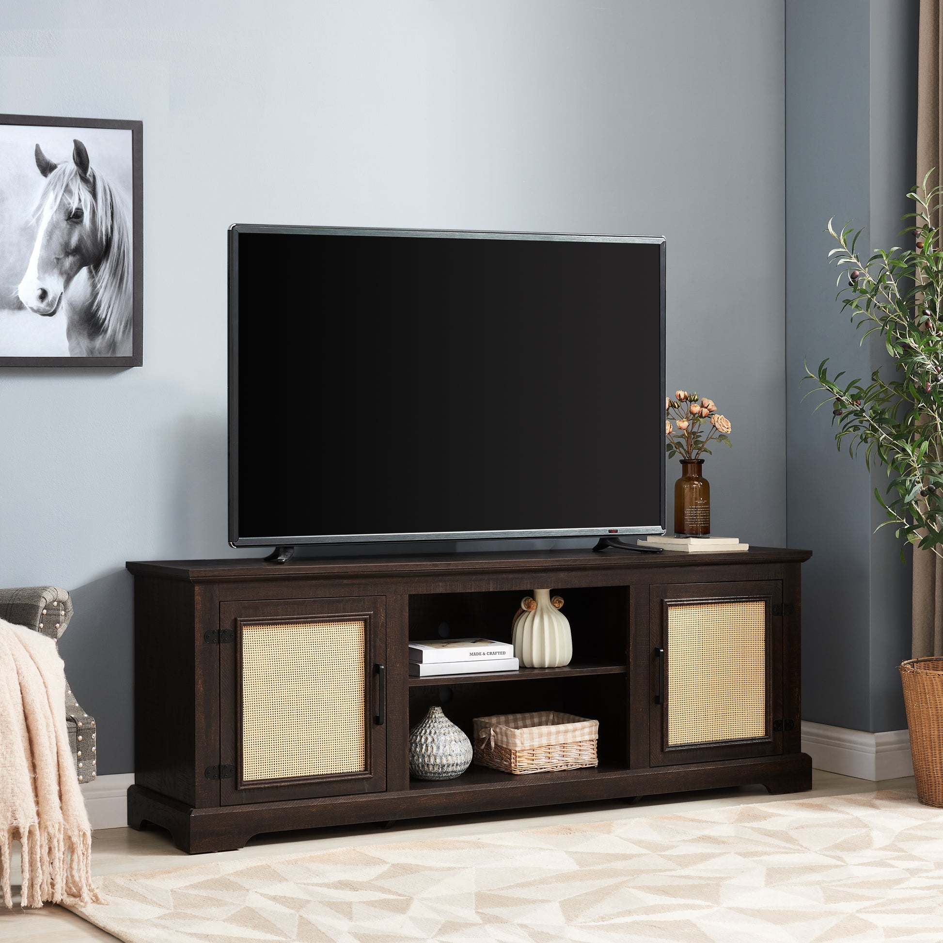 Farmhouse Rattan Tv Stand Console Table For Tvs Up To 70 Inches, Tv Console Table With 2 Storage Shelves, 2 Natural Rattan Door Cabinets, 65"W*15.55"D*23.86"H, Espresso Espresso 60 69 Inches Mdf