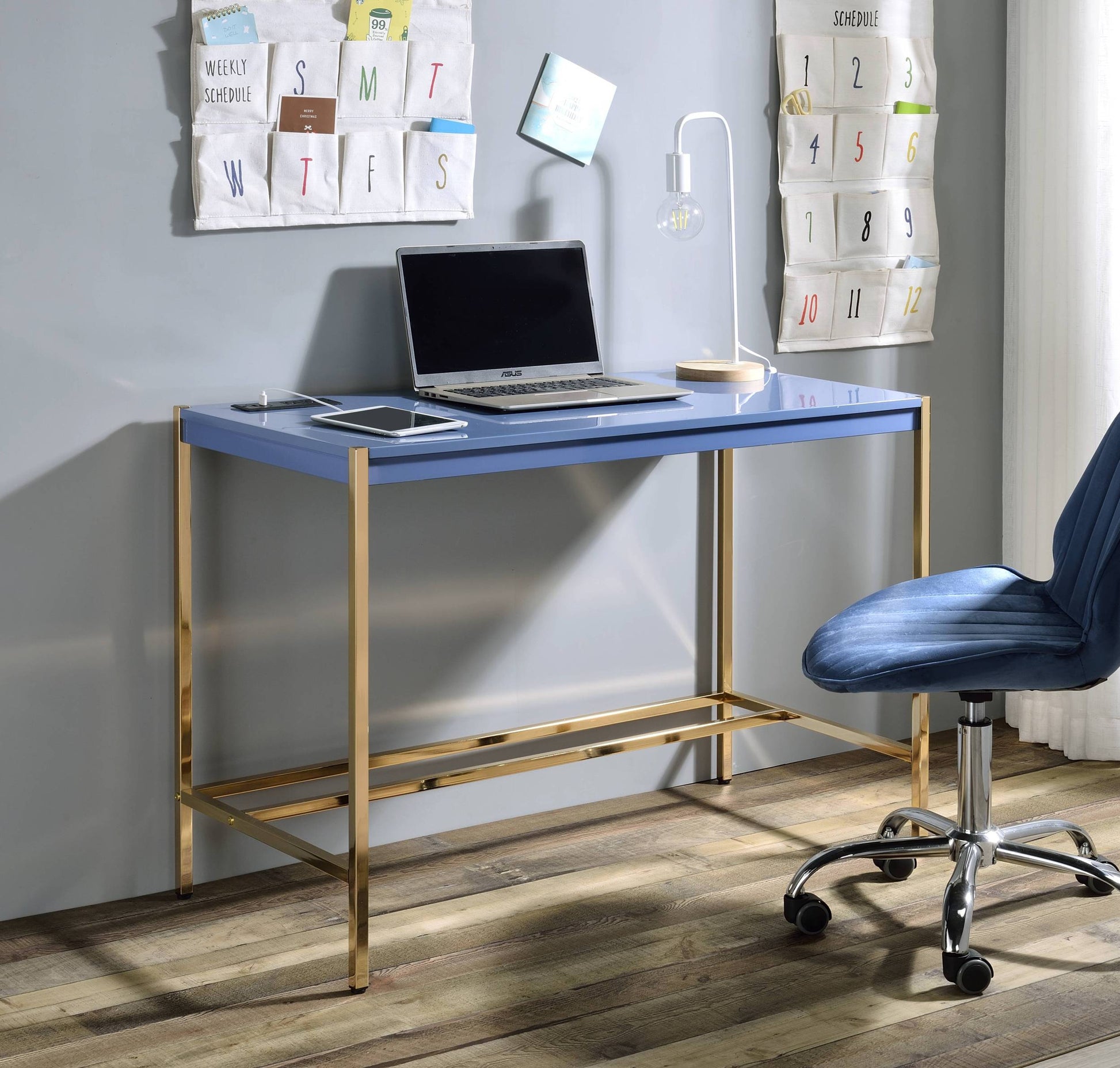 Navy Blue And Gold Writing Desk With Usb Ports Blue Gold Built In Outlets Or Usb Office Modern Rectangular Glossy Desk Wood Metal