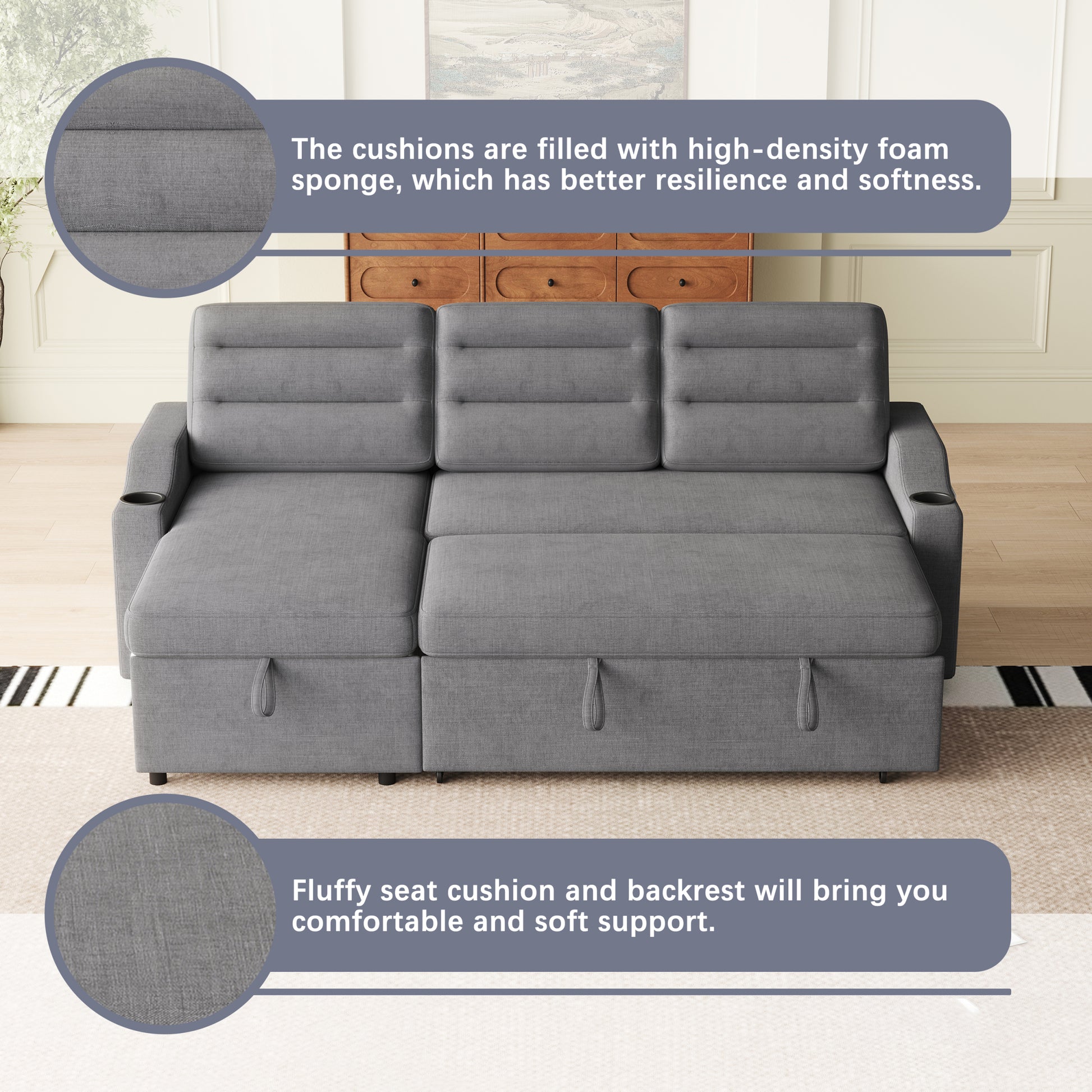 Mh83.5" Convertible Sleeper Combo Sofa, Convertible Sofa Bed Polyester Pullout Bed With Storage Recliner And Cup Holder For Living Room, Tight Spaces Dark Grey Polyester Wood Primary Living Space Pine Foam Fabric 3 Seat