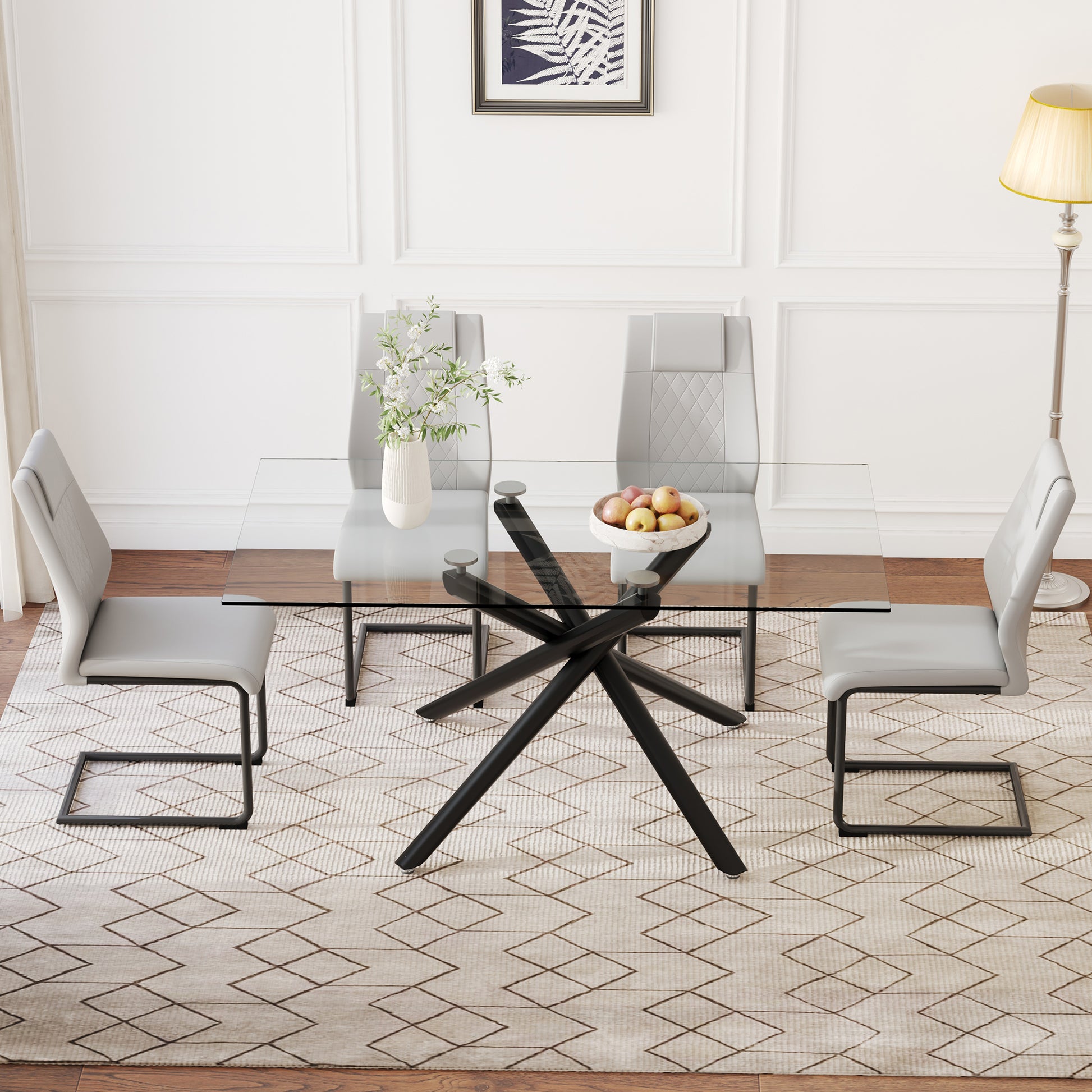 Table And Chair Set.Modern Rectangular Glass Dining Table With 0.39" Tempered Glass Tabletop And Black Metal Legs.Paired With Multiple Chairs Designed With Pu Cushions And Black Metal Legs. Black Grey Seats 4 Tempered Glass